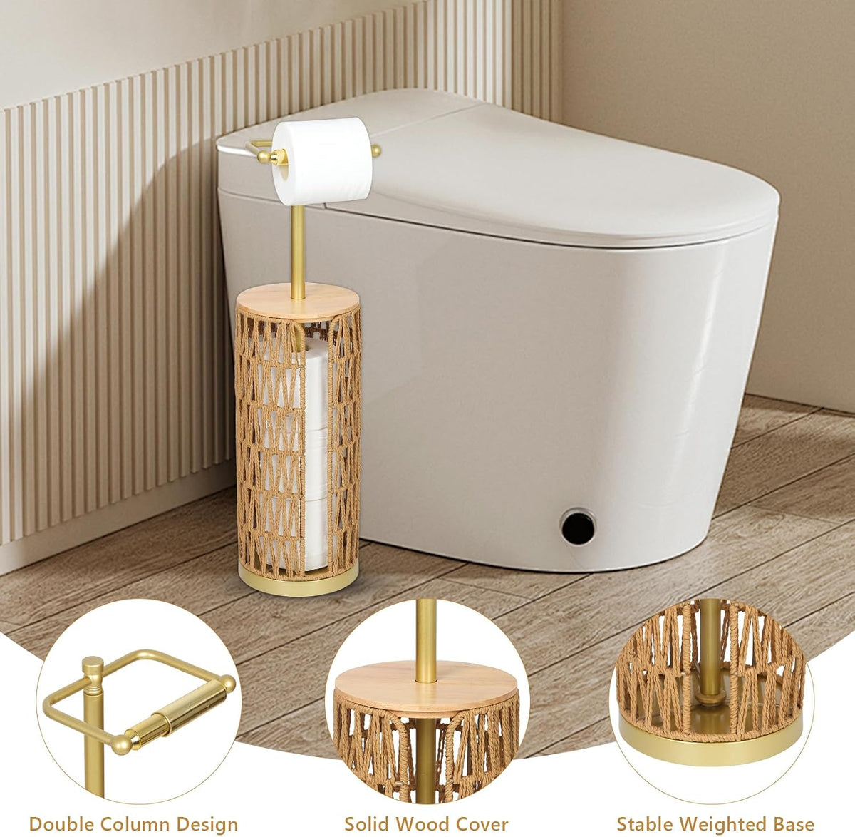 Freestanding Toilet Paper Holder with Storage,3 Rolls of Boho Toilet Paper Holder Stand with Lid,Gold Toilet Tissue