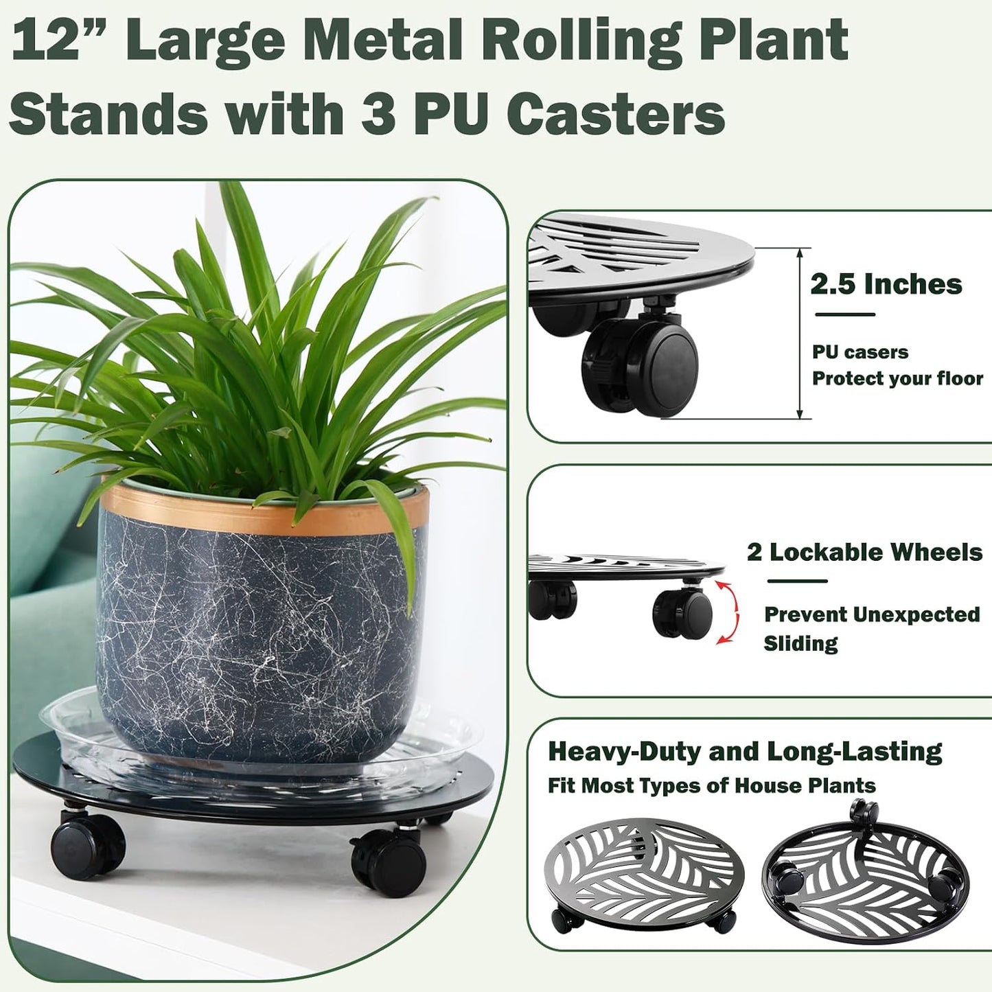 5 Packs Large Metal Plant Caddy with PU Wheels 12" Heavy-Duty Wrought Iron Rolling Plant Stands Indoor Outdoor Wheeled