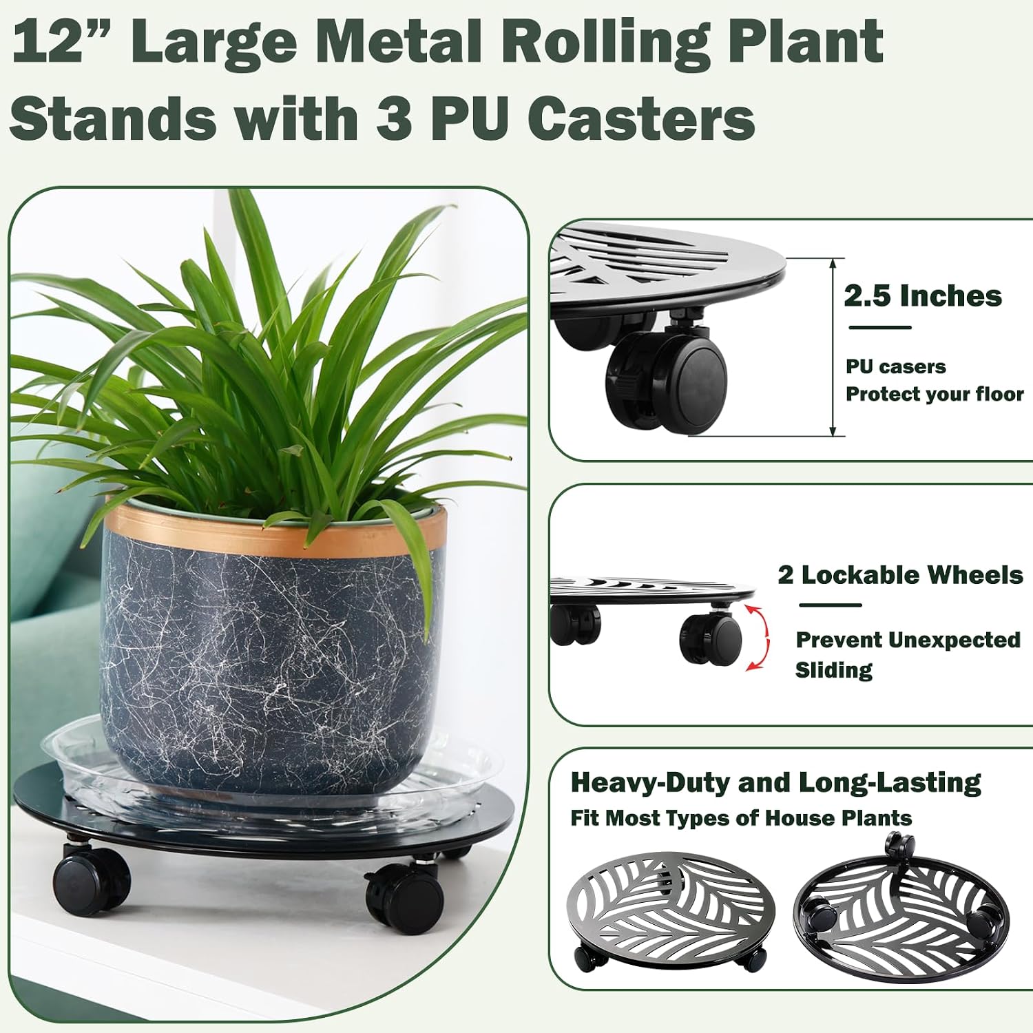 5 Packs Large Metal Plant Caddy with PU Wheels 12" Heavy-Duty Wrought Iron Rolling Plant Stands Indoor Outdoor Wheeled