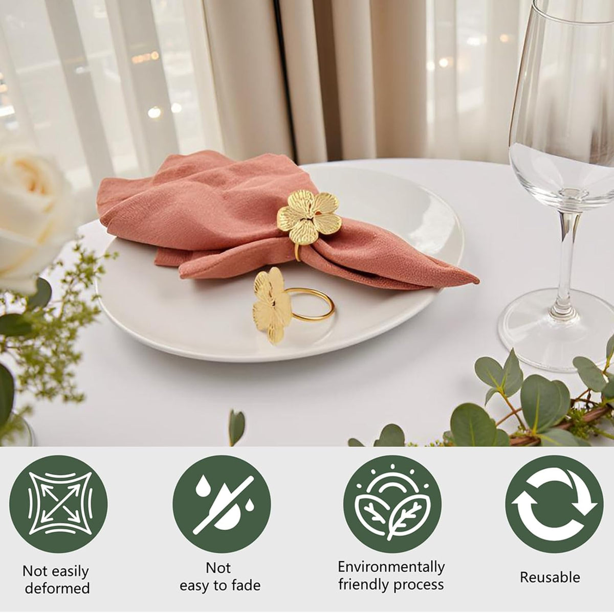 Flower Napkin Rings Set of 50, Shiny Fall Napkins Rings Gold Floral Holder | Wedding Season Banquet Party Décor Holiday