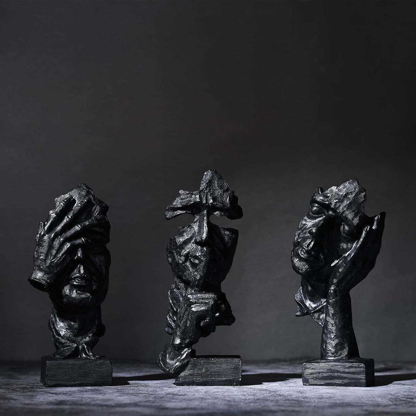 Thinker Statue / Silence is Abstract Art Figurine / Black / Set of 3