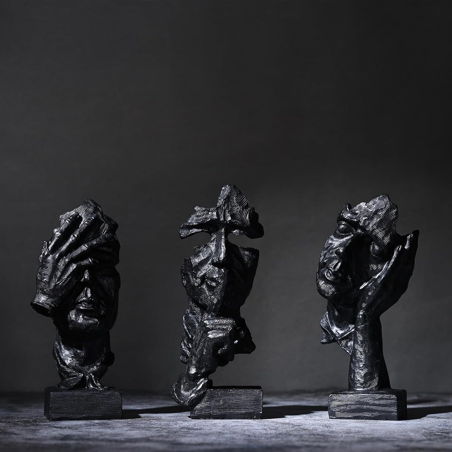 Thinker Statue / Silence is Abstract Art Figurine / Black / Set of 3