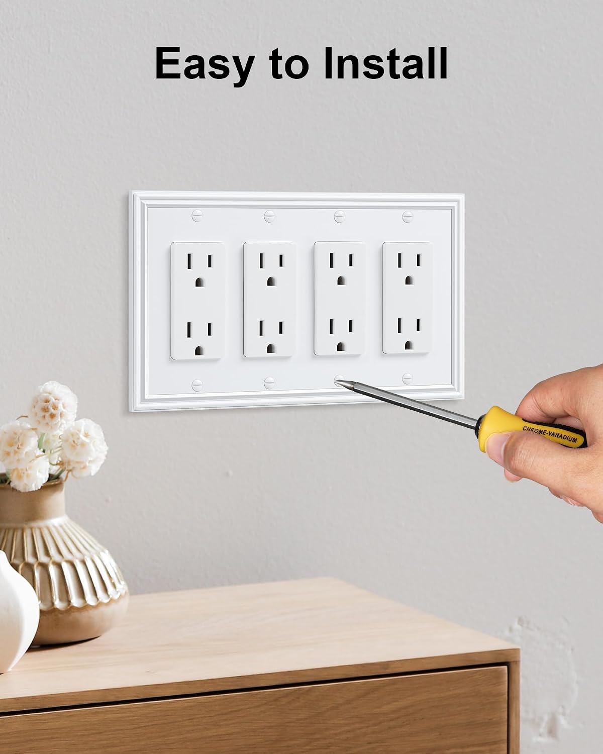 2-Pack Zinc Alloy Quad Decorator Outlet Cover Plate, Solid Wall Plates | Decorative Switch Plates and Outlet Covers, 4