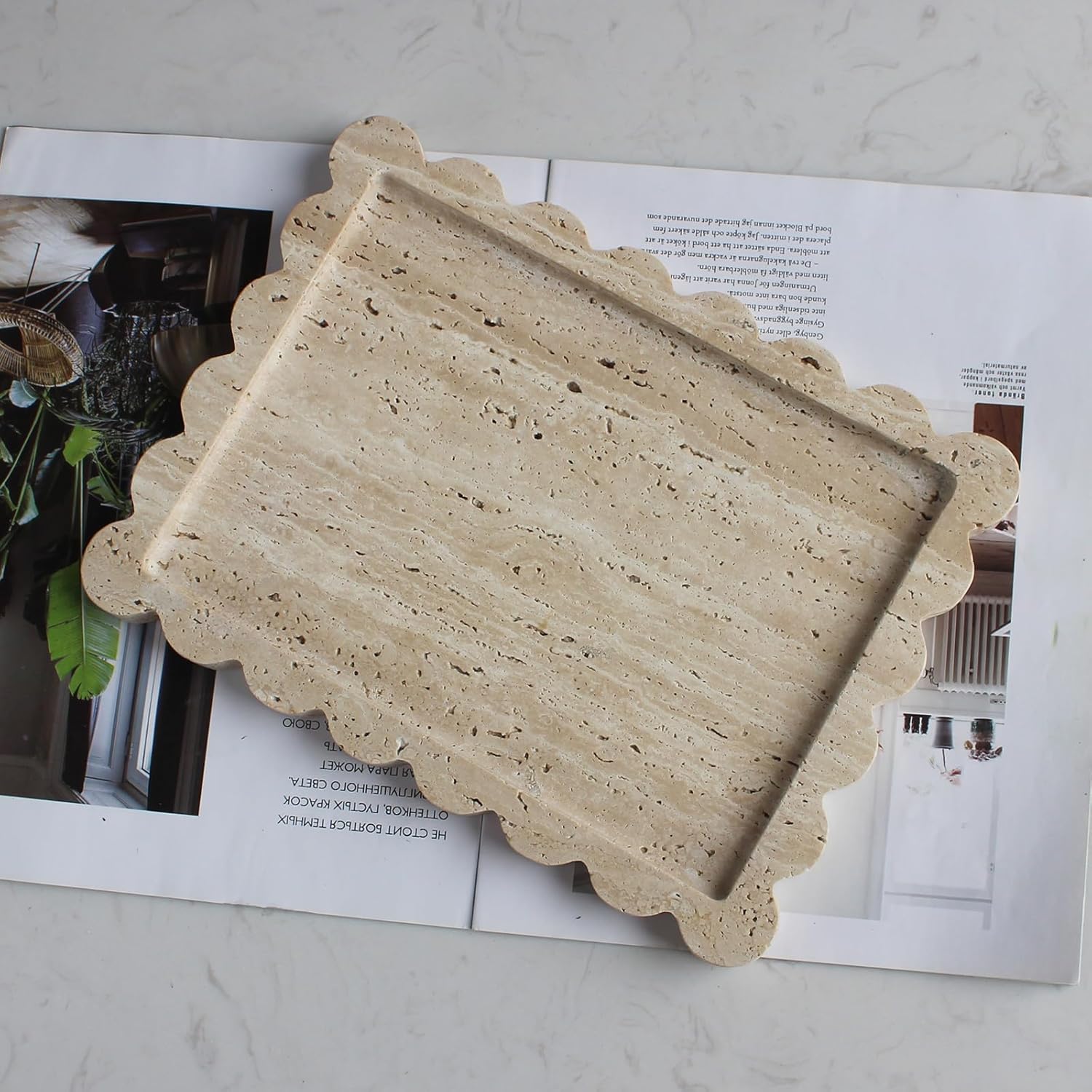 Natural Scalloped Marble Tray / Beige Travertine / 10.8 x 8