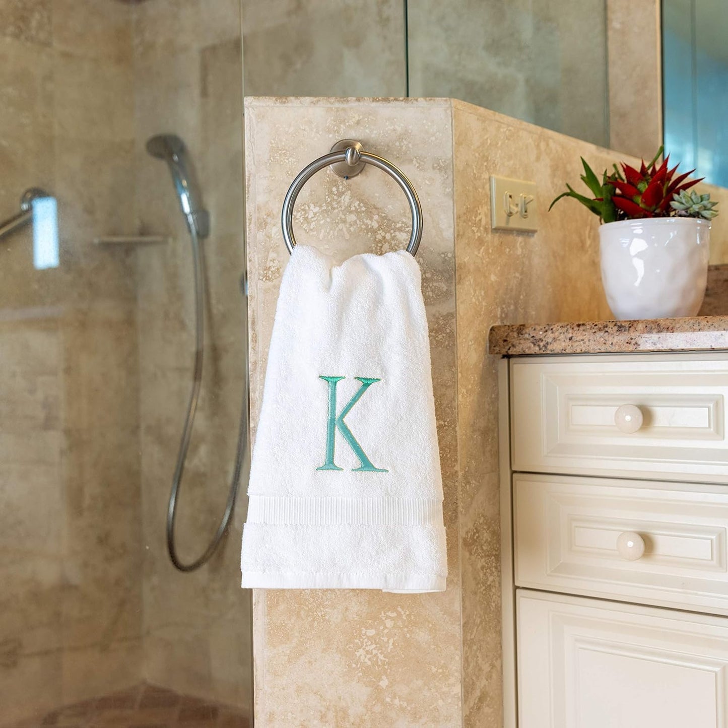White with Teal Monogrammed Hand Towels for Bathroom - Set of 2 Letter K | Luxury Hotel Quality Initial Towels For