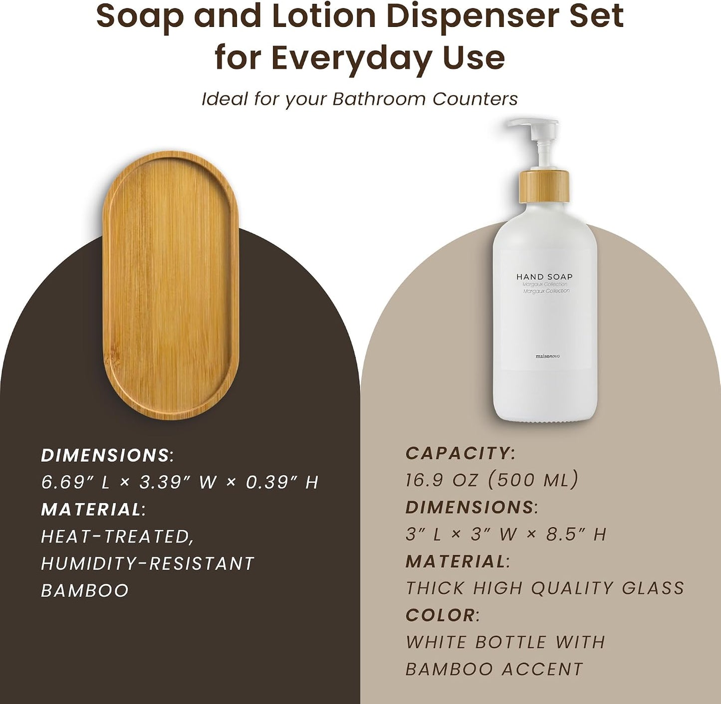 Maisonovo Soap Dispenser Set - White Soap Dispenser White Bamboo Pumps | Glass bottles for body wash, lotion, shampoo