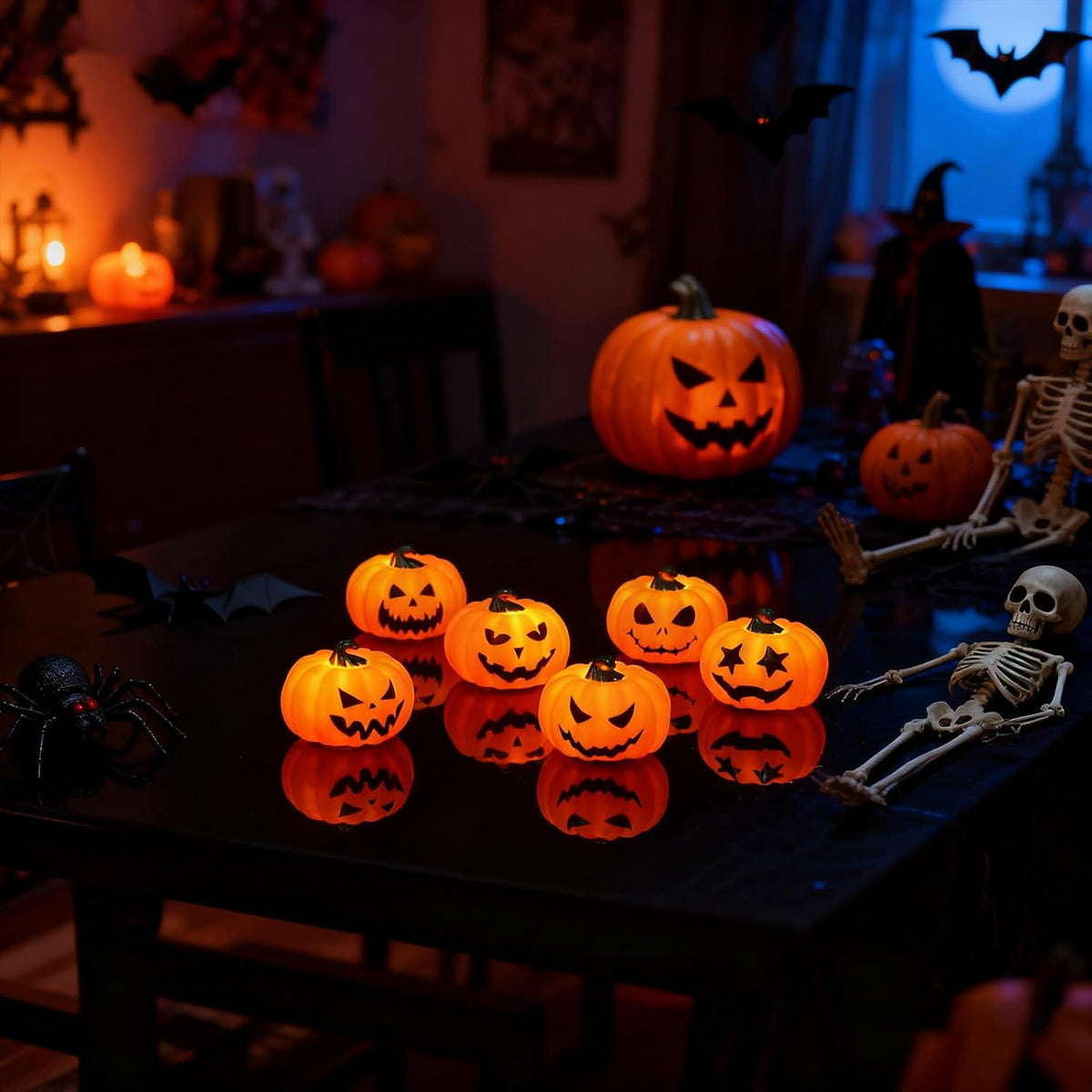 Halloween Pumpkin Flameless Votive Candles Light with Remote Timer | Battery Operated LED Tealight Candles, Spooky Face