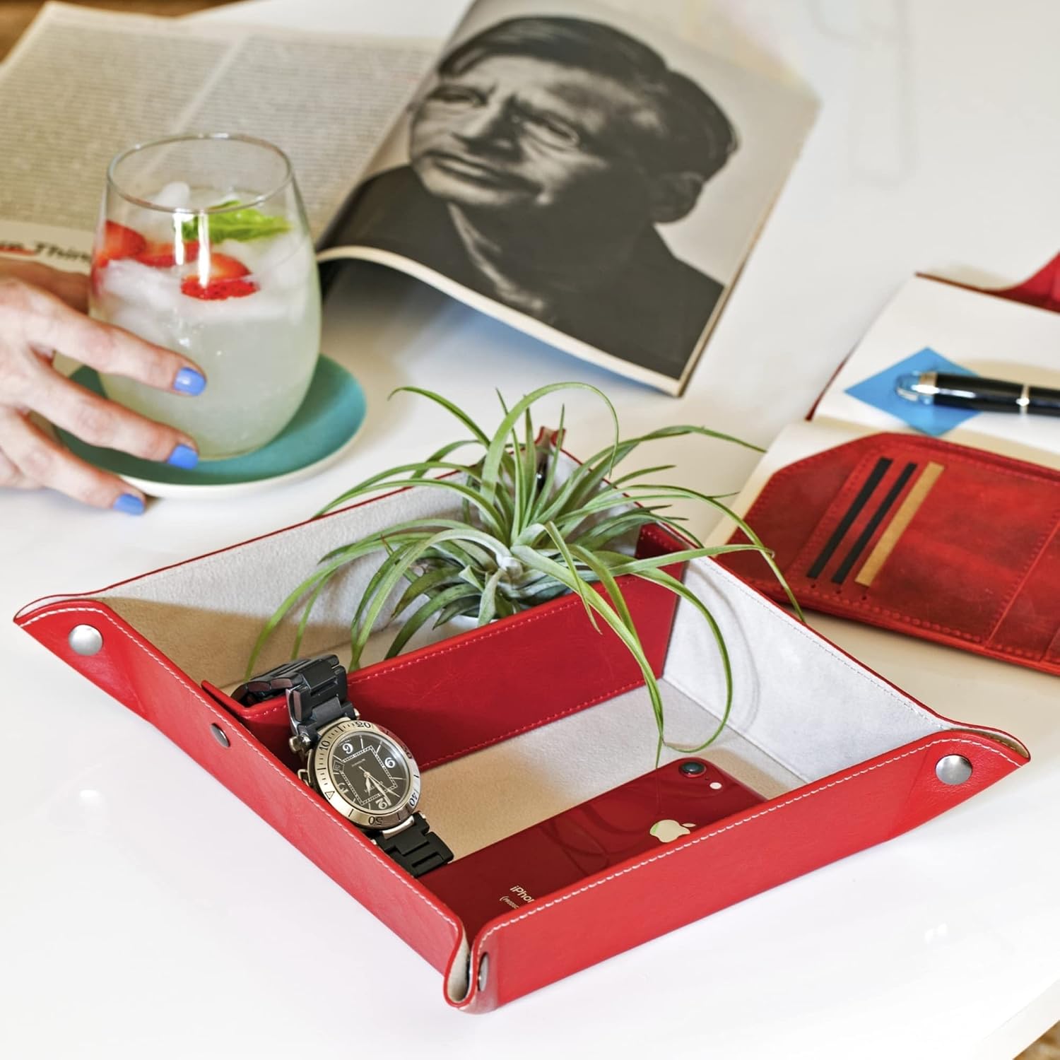 Londo Leather Tray Organizer - Practical Lightweight Water Resistant Computer Table Desk Storage Box for Wallets