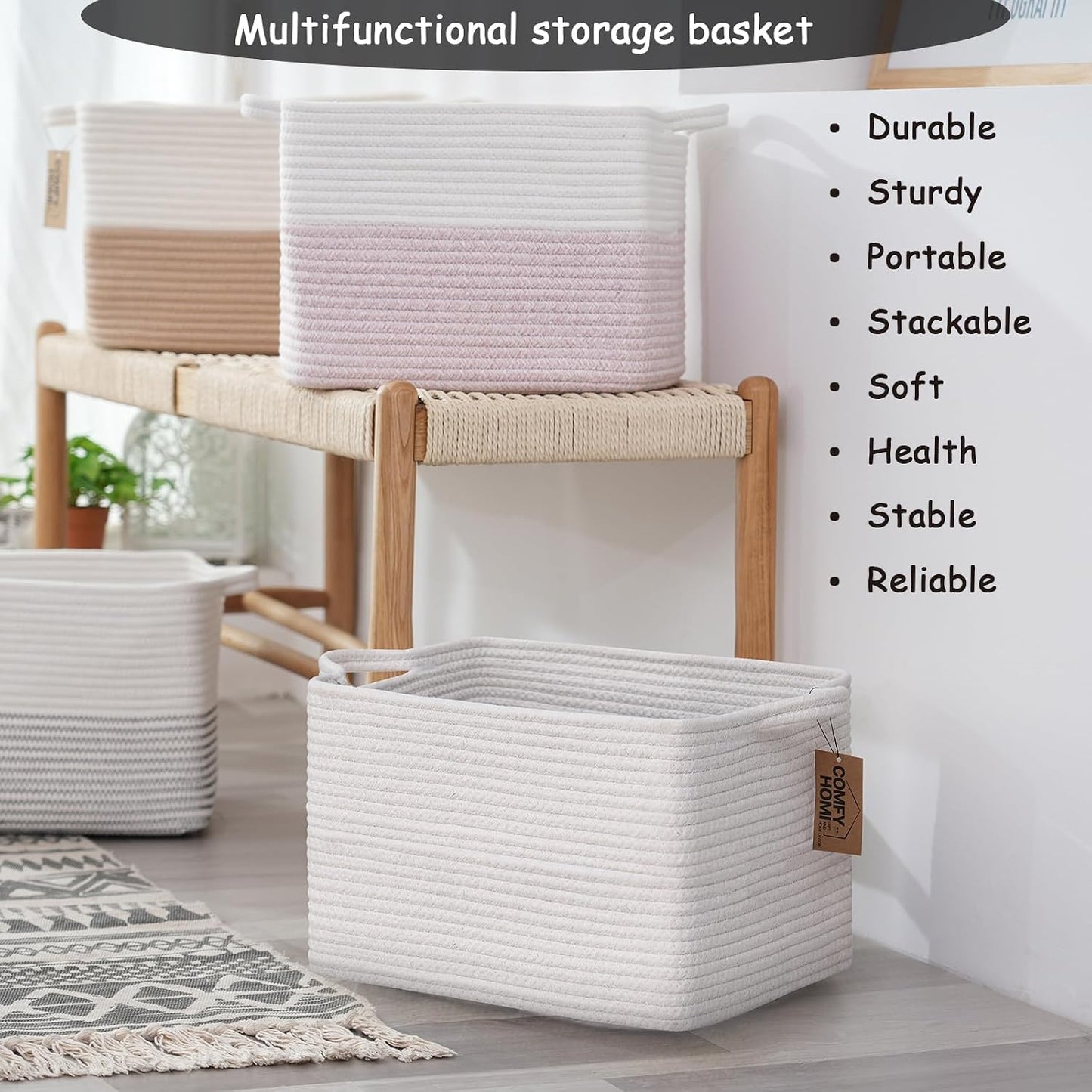 Cotton Rope Woven Basket / 13.5 x 11 x 9.5 / All White