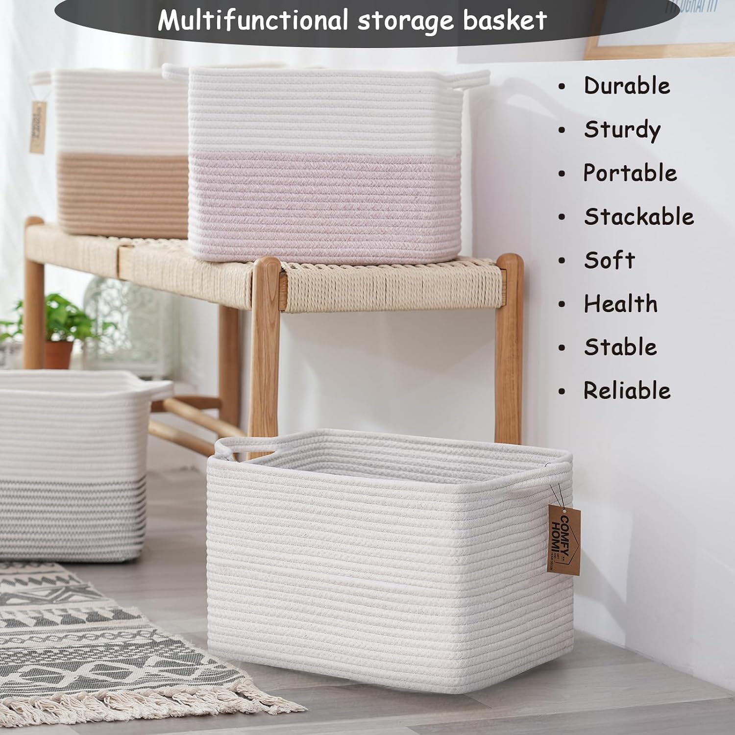 Cotton Rope Woven Basket / 13.5 x 11 x 9.5 / All White