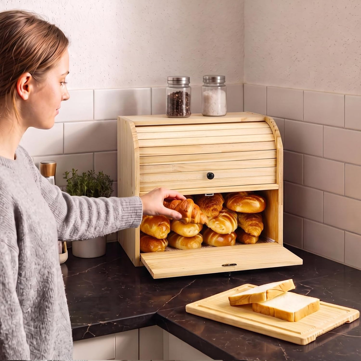 Alpeir Roll Top Bread Box with Cutting Board for Kitchen Countertop | Large Breadbox with Ventilation Holes, Double
