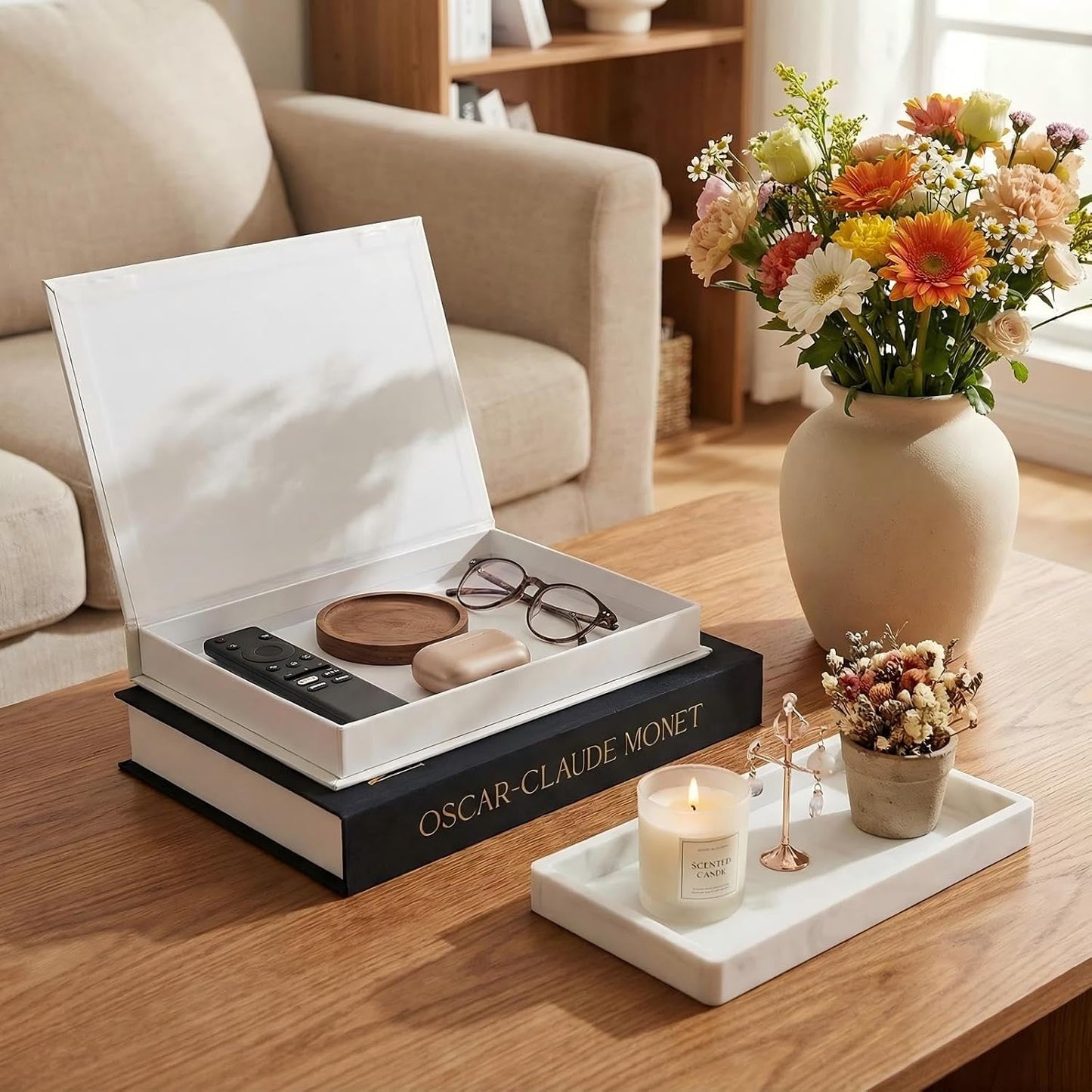 Decorative Books / Dark Blue and Beige with Marble Appearance Tray