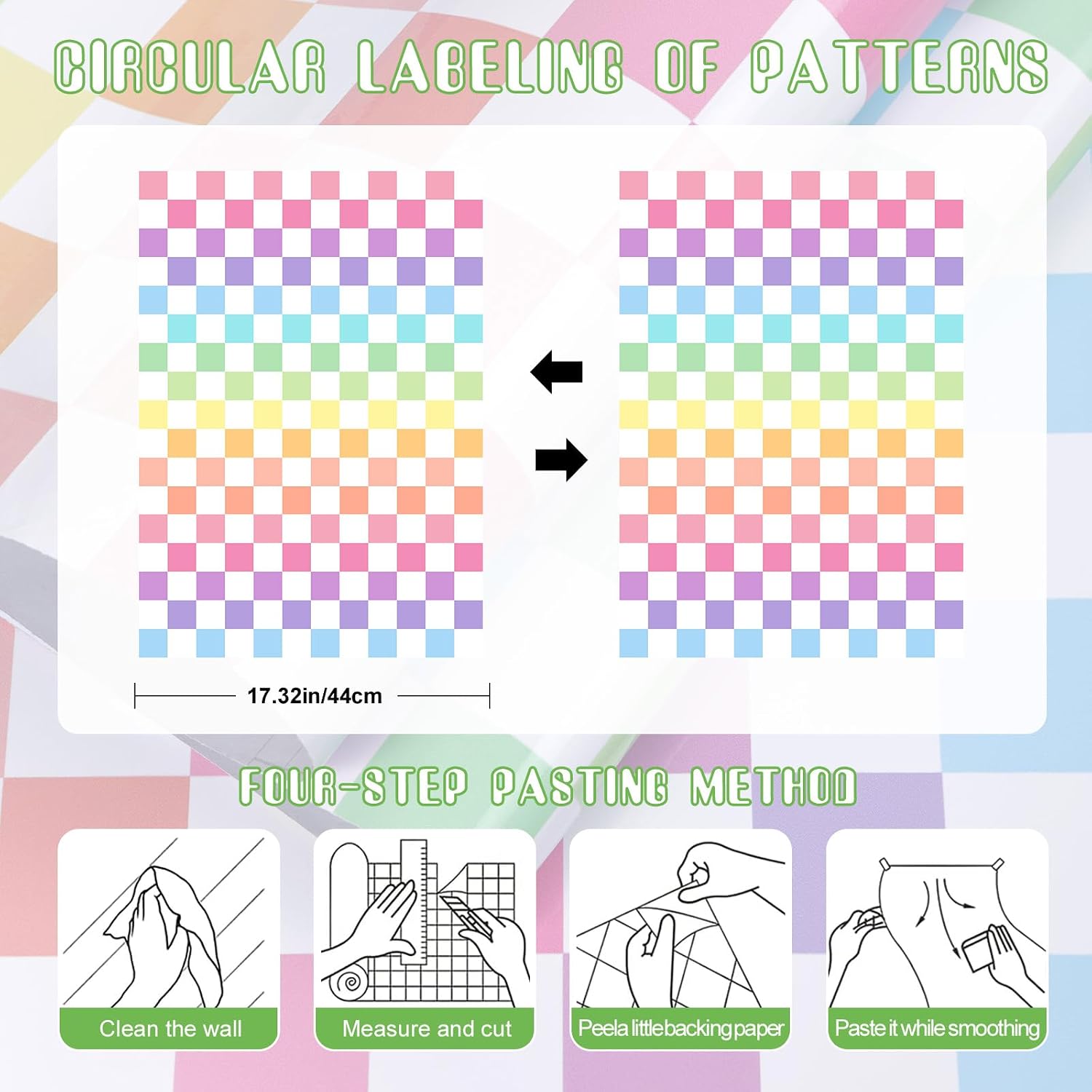 Wallpaper Colorful Waterproof Peel and Stick Contact Paper Vinyl / Rainbow / Checkered / 17.3 x 300