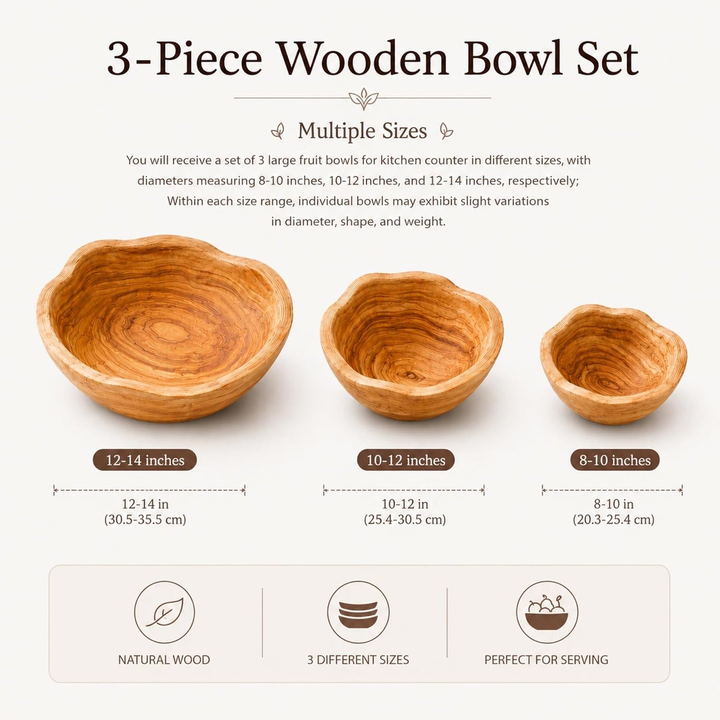 Wooden Bowls Decorative 8"-14" Handmade Wood Fruit Bowl Creative 3 Sizes Rustic / Natural / Set of 3