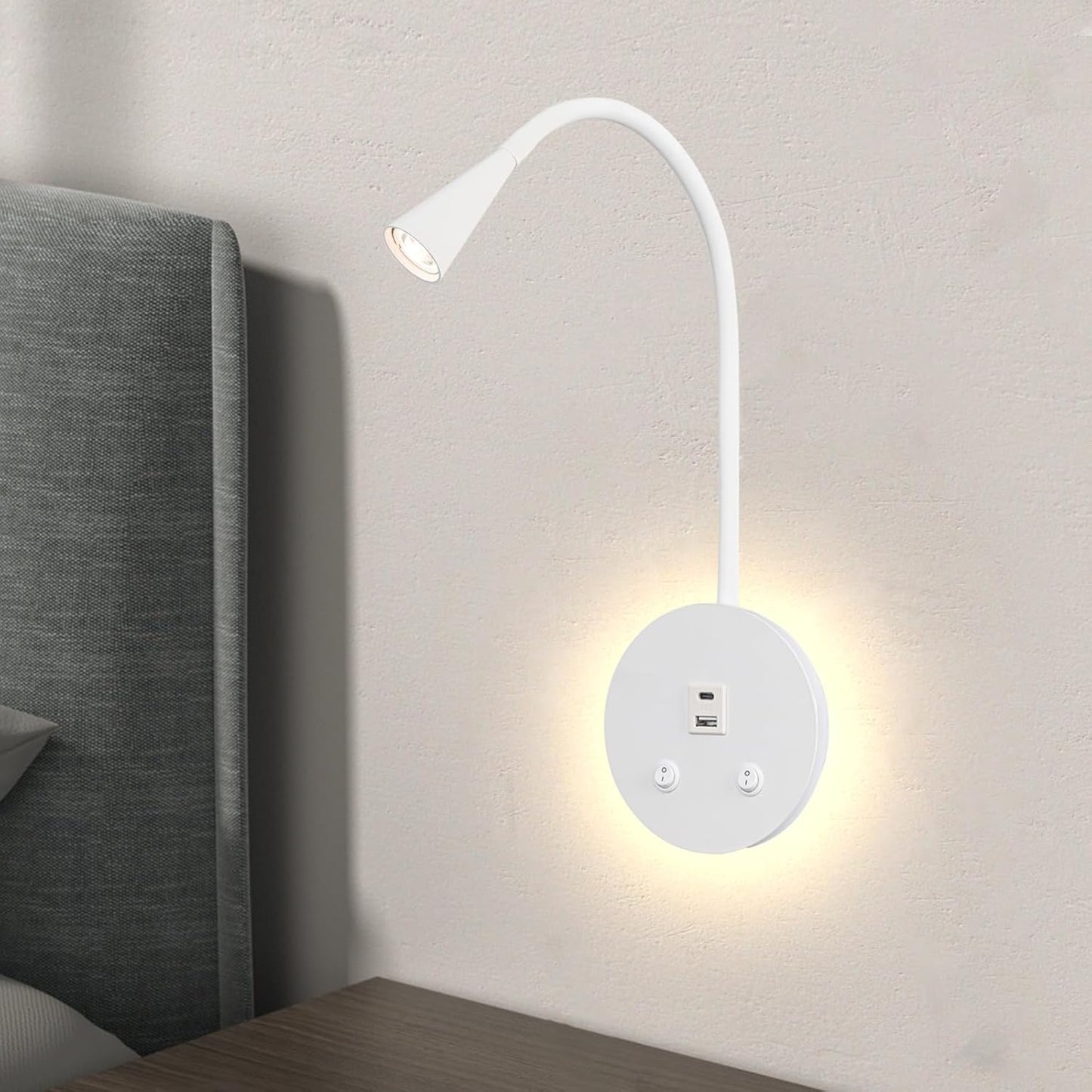 Dimmable LED Wall Reading Lamp - Adjustable Gooseneck Book Light for Bed, USB + Type C Output, 2-in-1 Night Light &