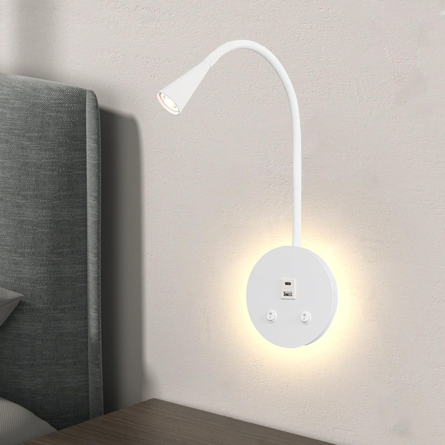 Dimmable LED Wall Reading Lamp - Adjustable Gooseneck Book Light for Bed, USB + Type C Output, 2-in-1 Night Light &