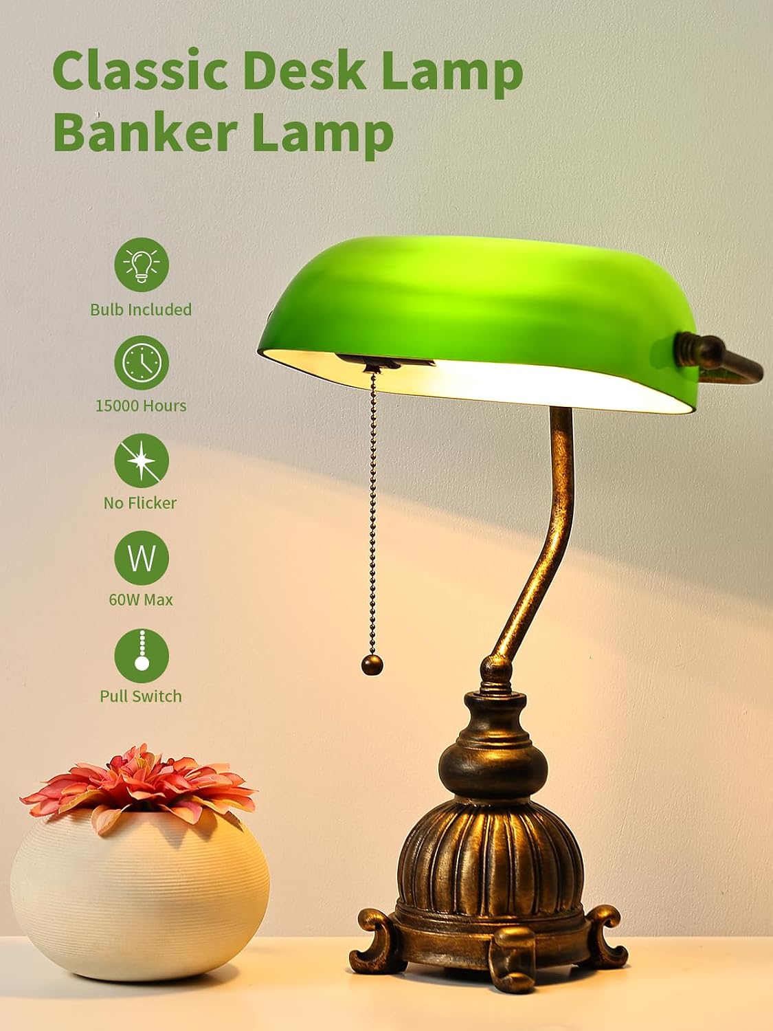 Retro Green Glass Bankers Desk Lamp,LED Bulb Included | Home Office Library with Pull Chain Switch Plug in Fixture