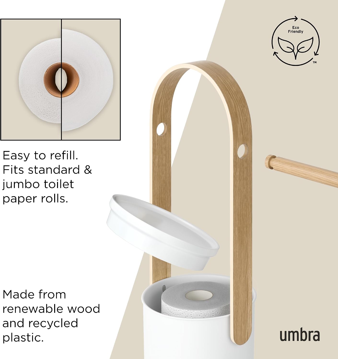 Umbra Bellwood Toilet Paper Holder, with Storage, 3 Rolls, White/Natural | Wood accents, compact for small spaces