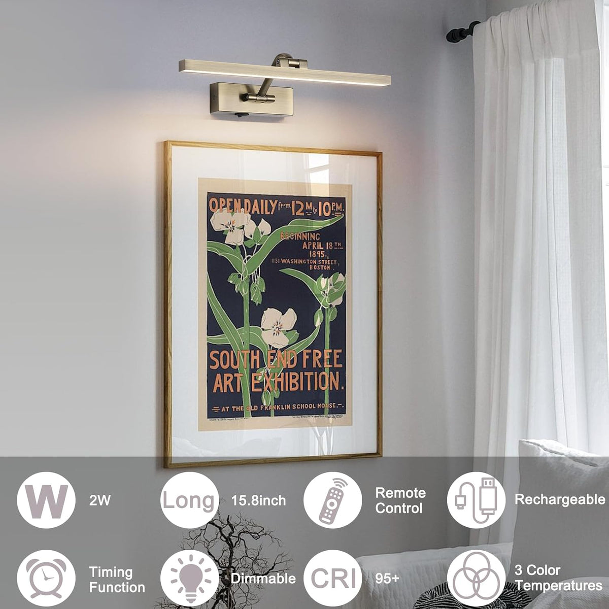 5000mAh Picture Light Battery Operated,15.7In Antique Bronze Wireless Rechargeable Picture Light 3 Colors Dimmable Art