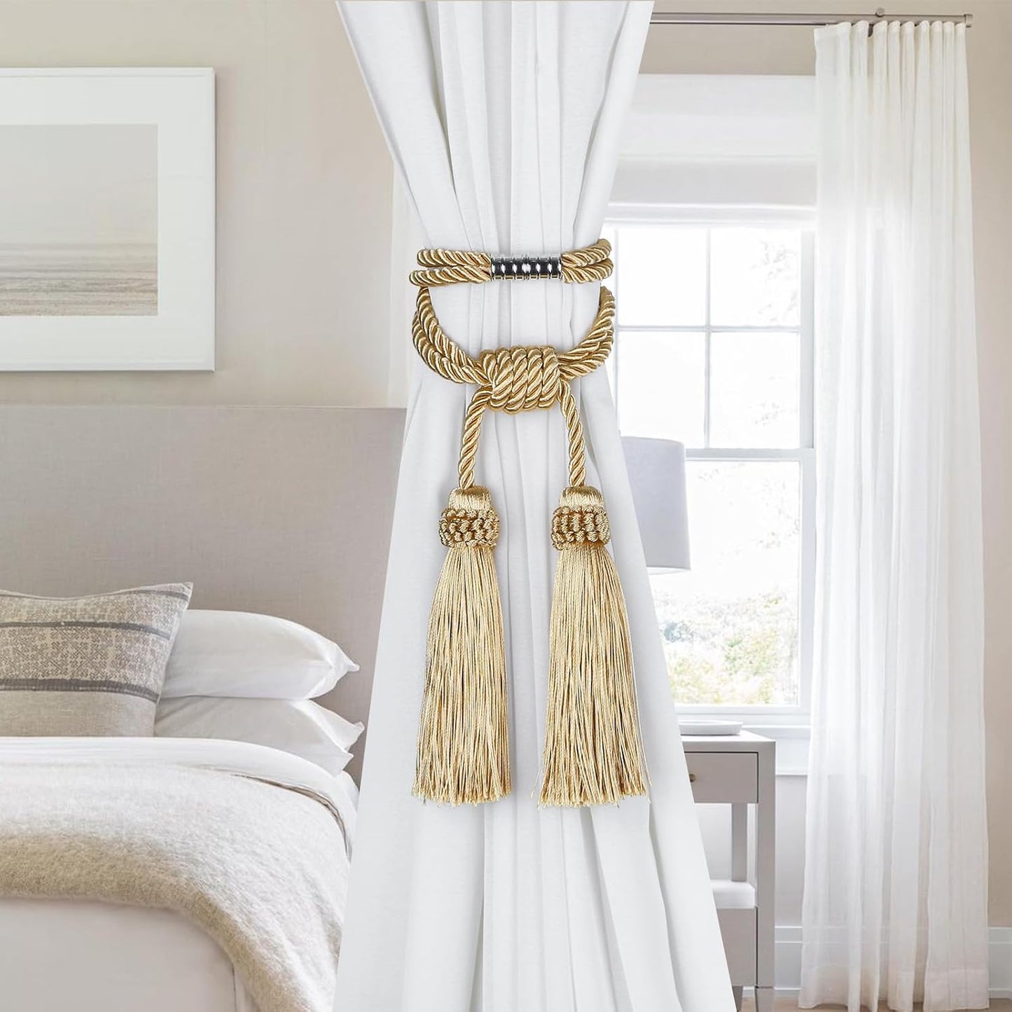 Magnetic Curtain Tiebacks Handmade Tassel Drapery Holdback,4P | Gold,Modern Handmade Tie Backs,Magnet Tassel Curtain