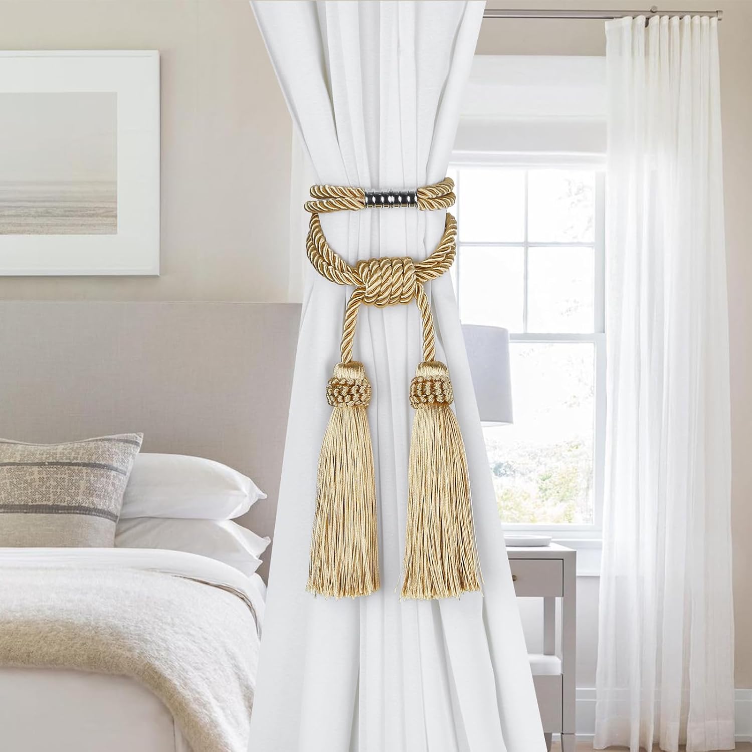 Magnetic Curtain Tiebacks Handmade Tassel Drapery Holdback,4P | Gold,Modern Handmade Tie Backs,Magnet Tassel Curtain