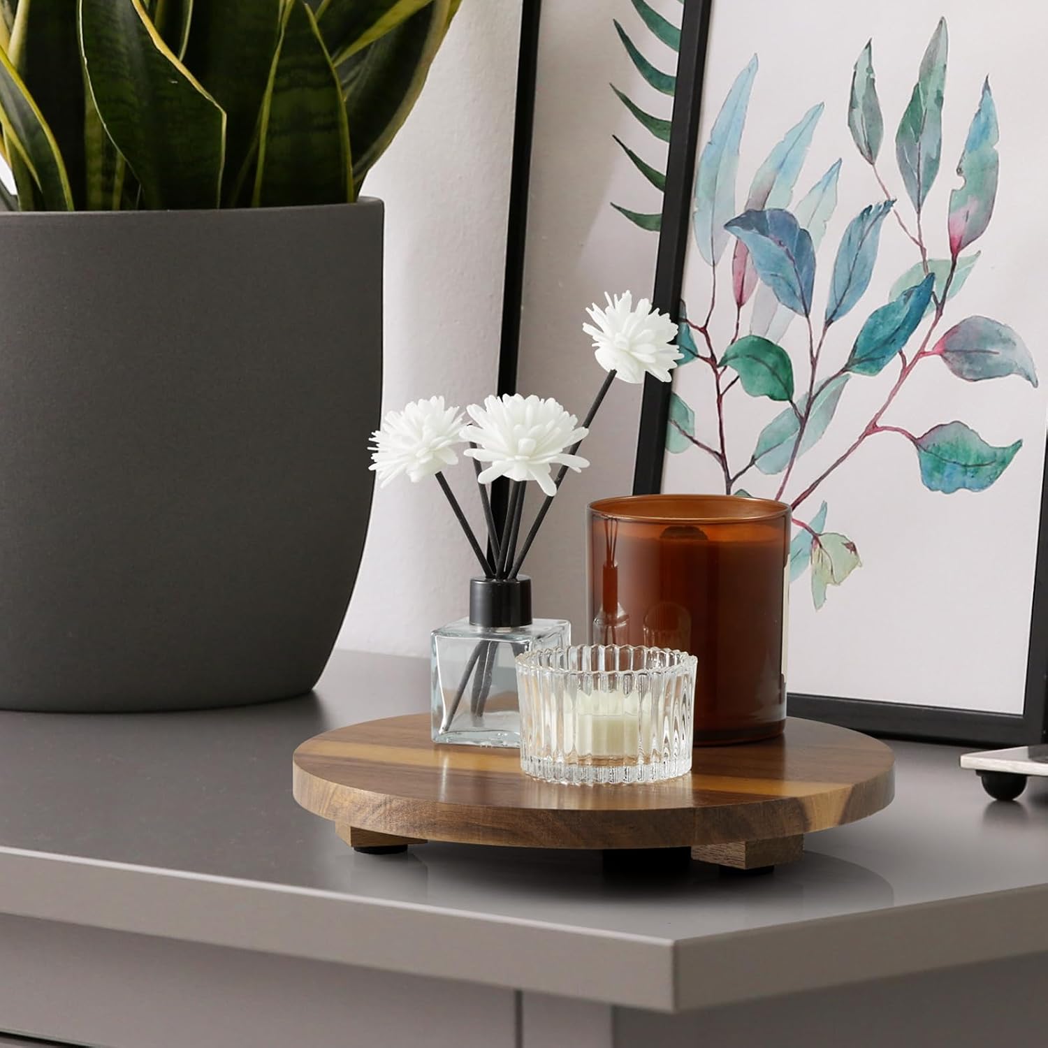 Small Round Decorative Tray Wood Bathroom Counter Organizer Pedestal Stand / Acacia / Set of 9