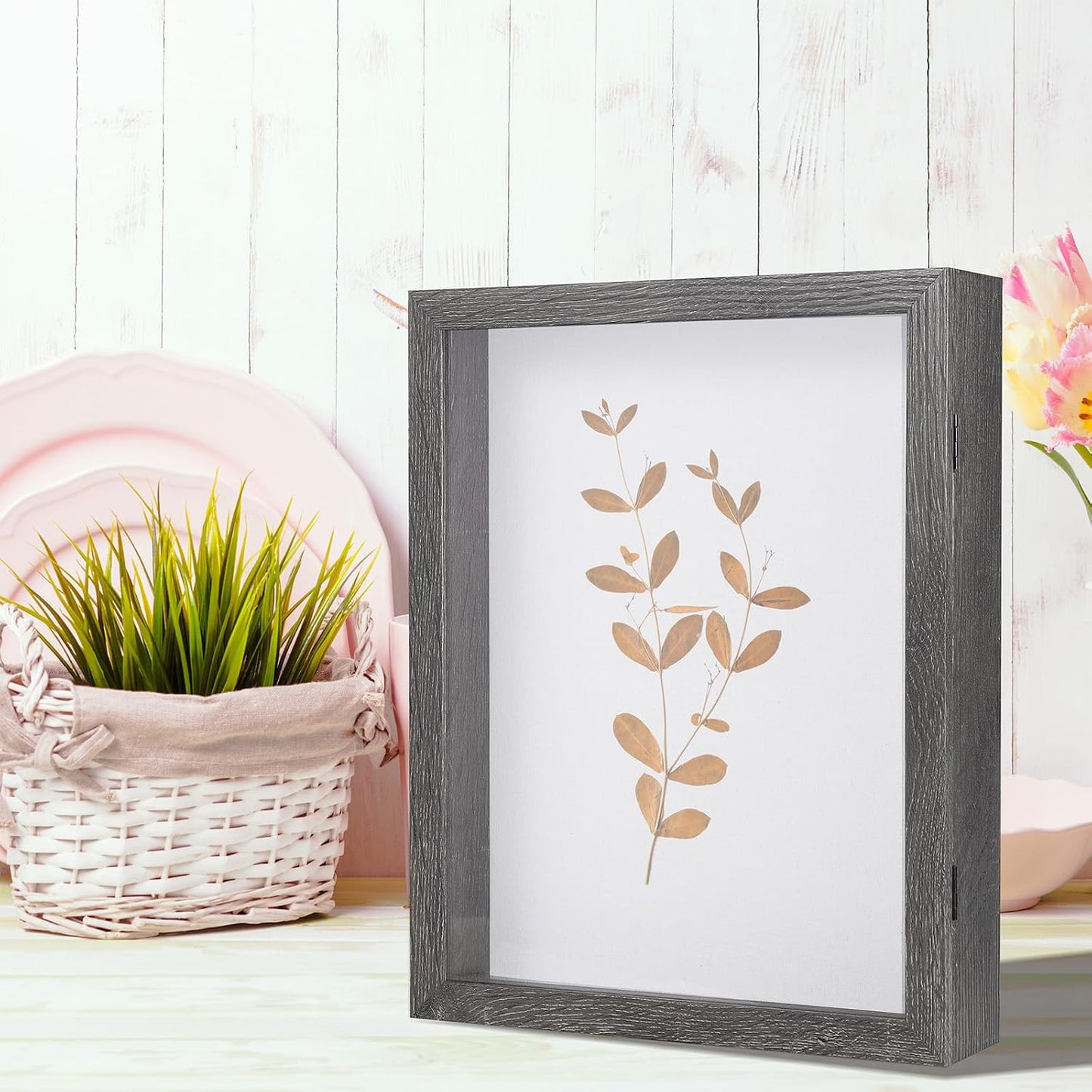 Muzilife 11x14 Shadow Box Picture Frame, 2.16 Deep, HD Glass, Texture Gray | FSC-Wood, Magnetic Door, Linen Interior &