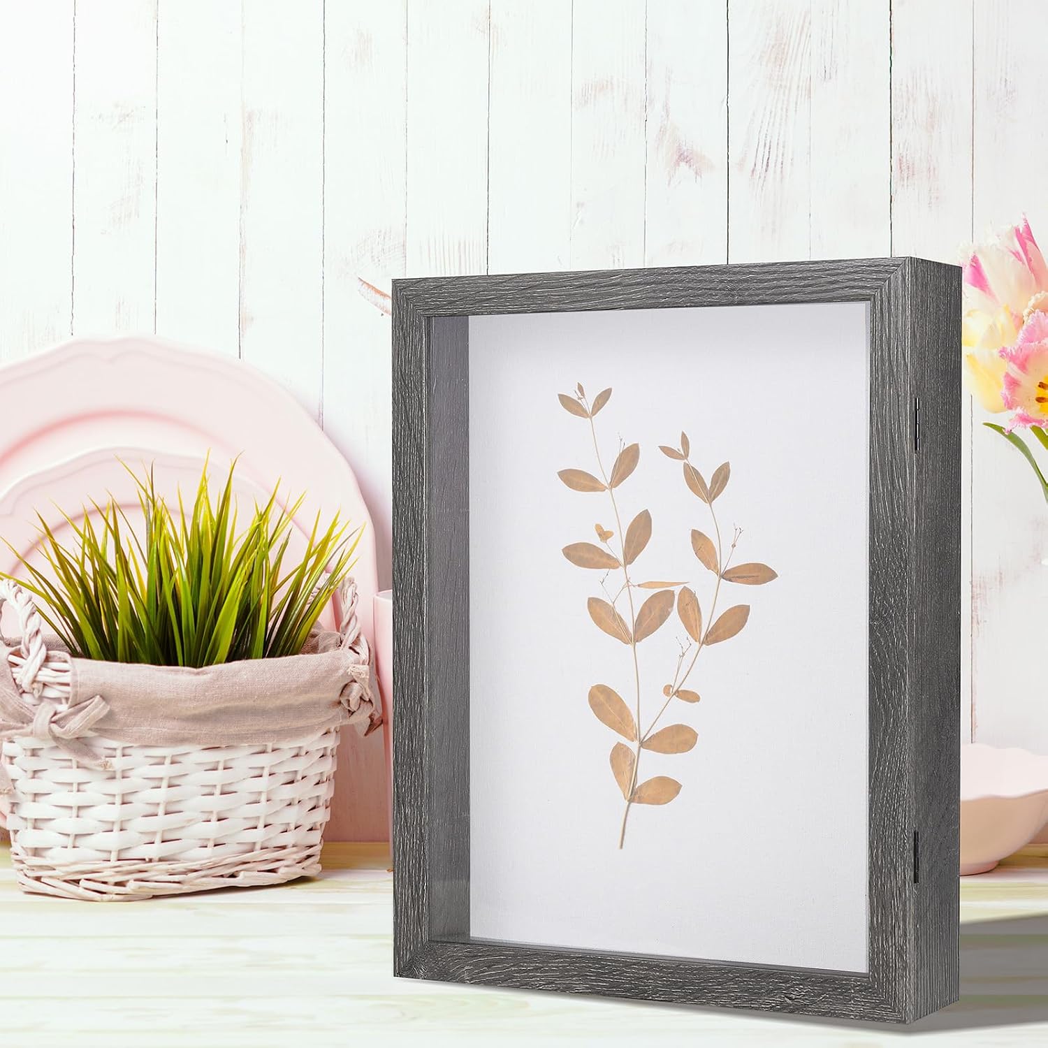 Muzilife 11x14 Shadow Box Picture Frame, 2.16 Deep, HD Glass, Texture Gray | FSC-Wood, Magnetic Door, Linen Interior &