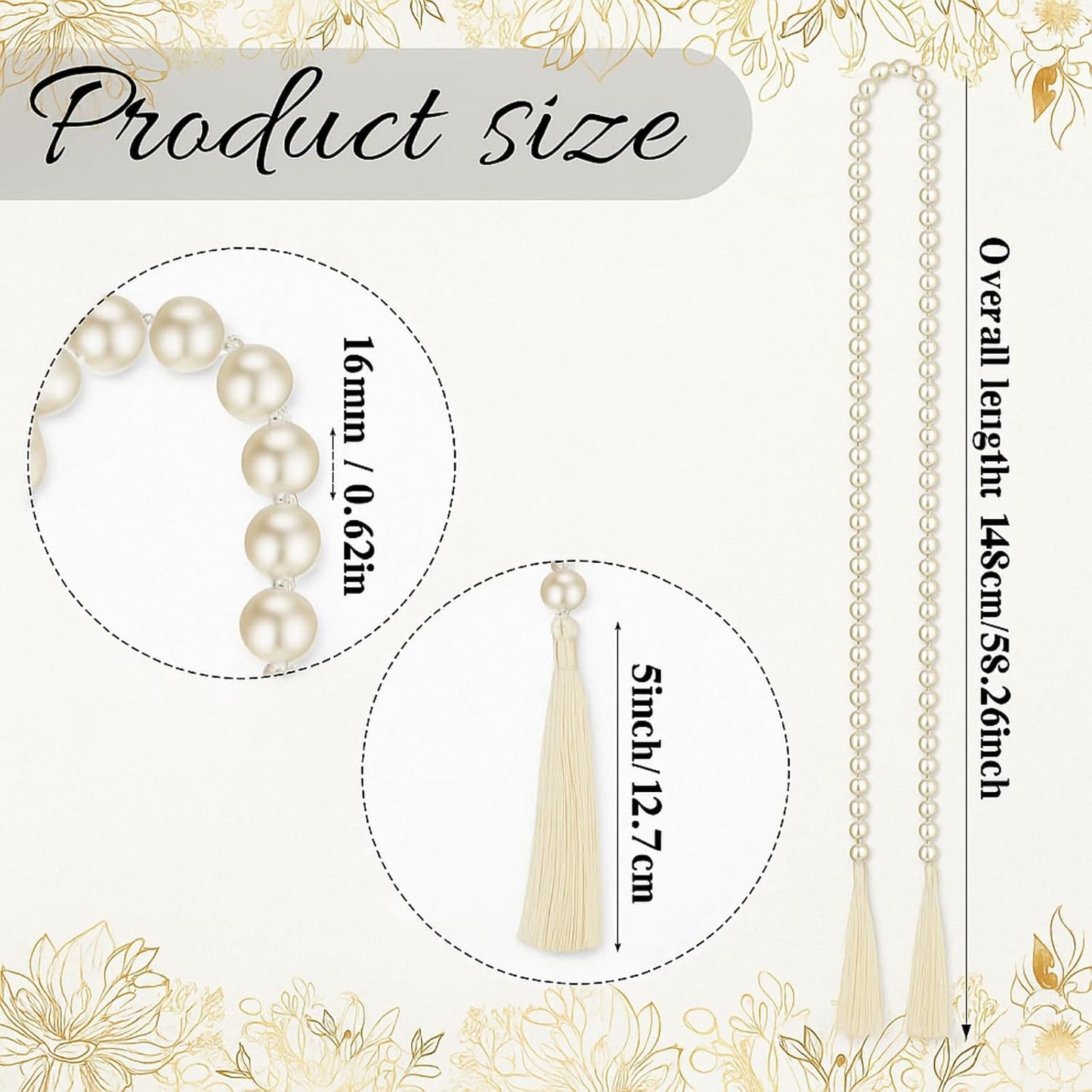 Tassels 16mm Pearl Glass Bead Garland Boho Wedding Table Decor Healing Bead / Beige / 58 Inch