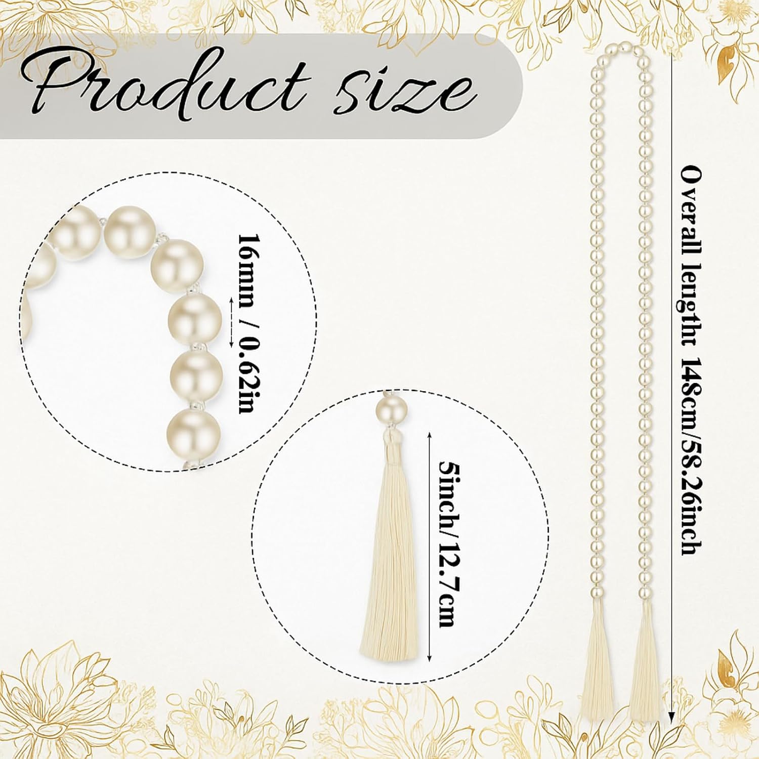 Tassels 16mm Pearl Glass Bead Garland Boho Wedding Table Decor Healing Bead / Beige / 58 Inch