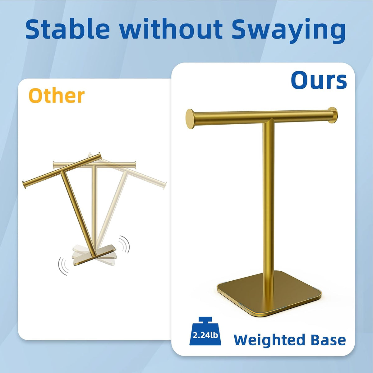 RUACQ T-Shape Hand Towel Holder Stand, 12inch, Brushed Gold | Weighted Base Towel Rack, Countertop Towel Holder for