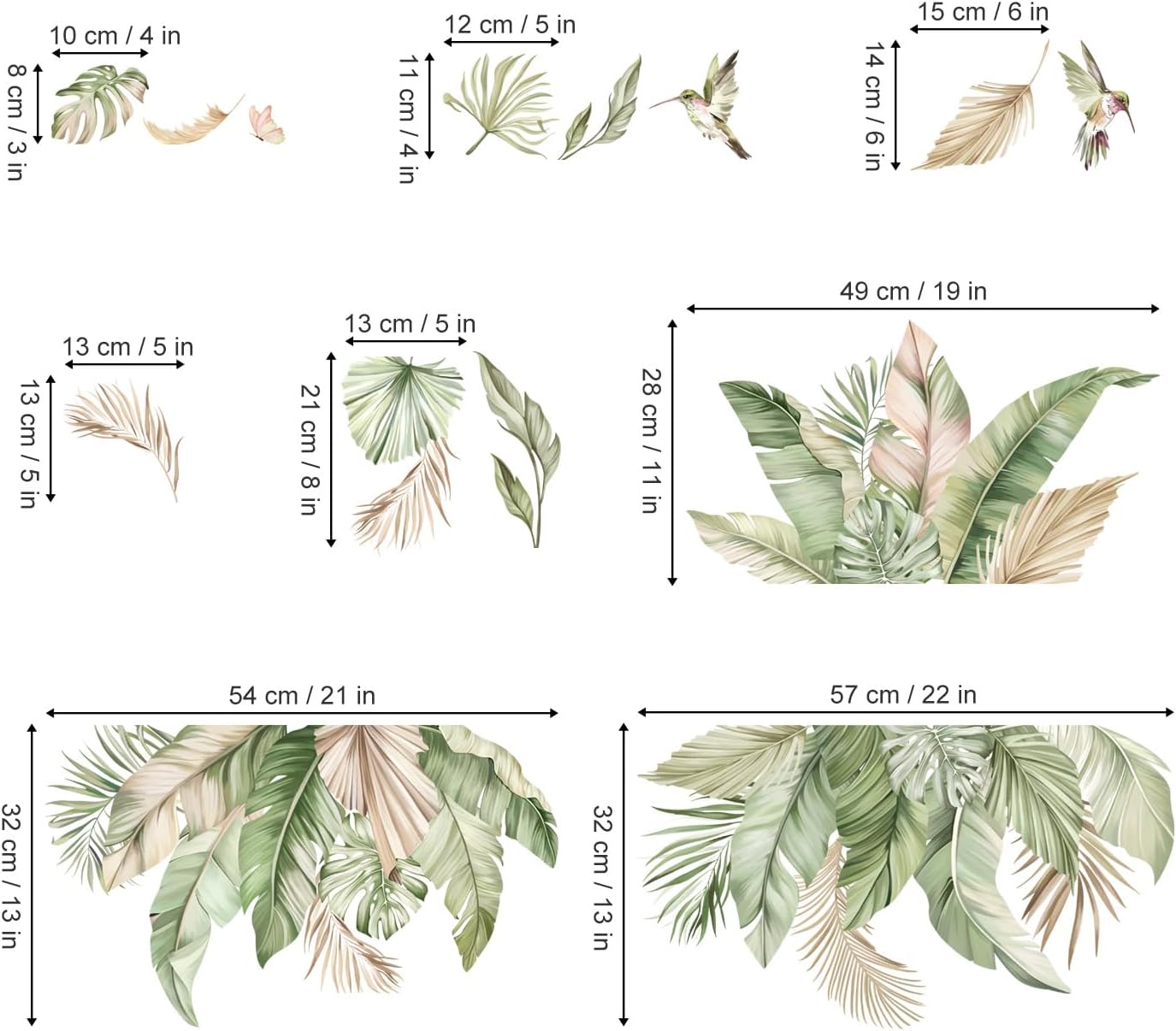 Boho Tropical Leaves Wall Decals Palm Leaf Hanging Vine Plants Wall Stickers / Boho Leaves / Green
