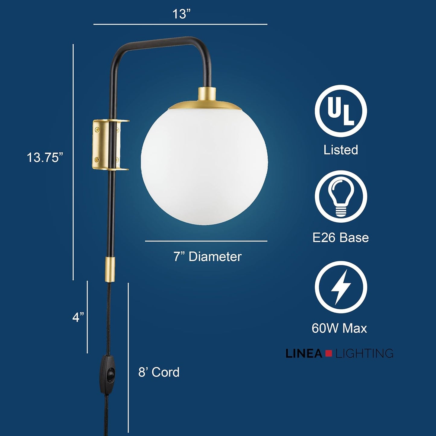 Caserti Black and Gold Plug in Wall Sconce Wall Lighting Modern Frosted Glass Globe Plug Wall Lamp with Plug in Cord