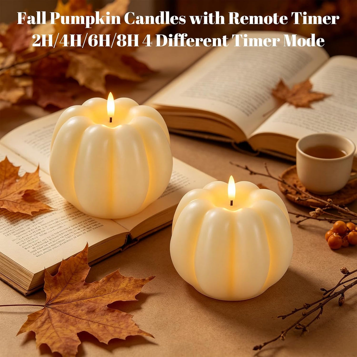 Wondise Fall Decorations Real Wax Pumpkin Candles with Remote Timer | Off-white Battery Operated LED Candles Fall Decor