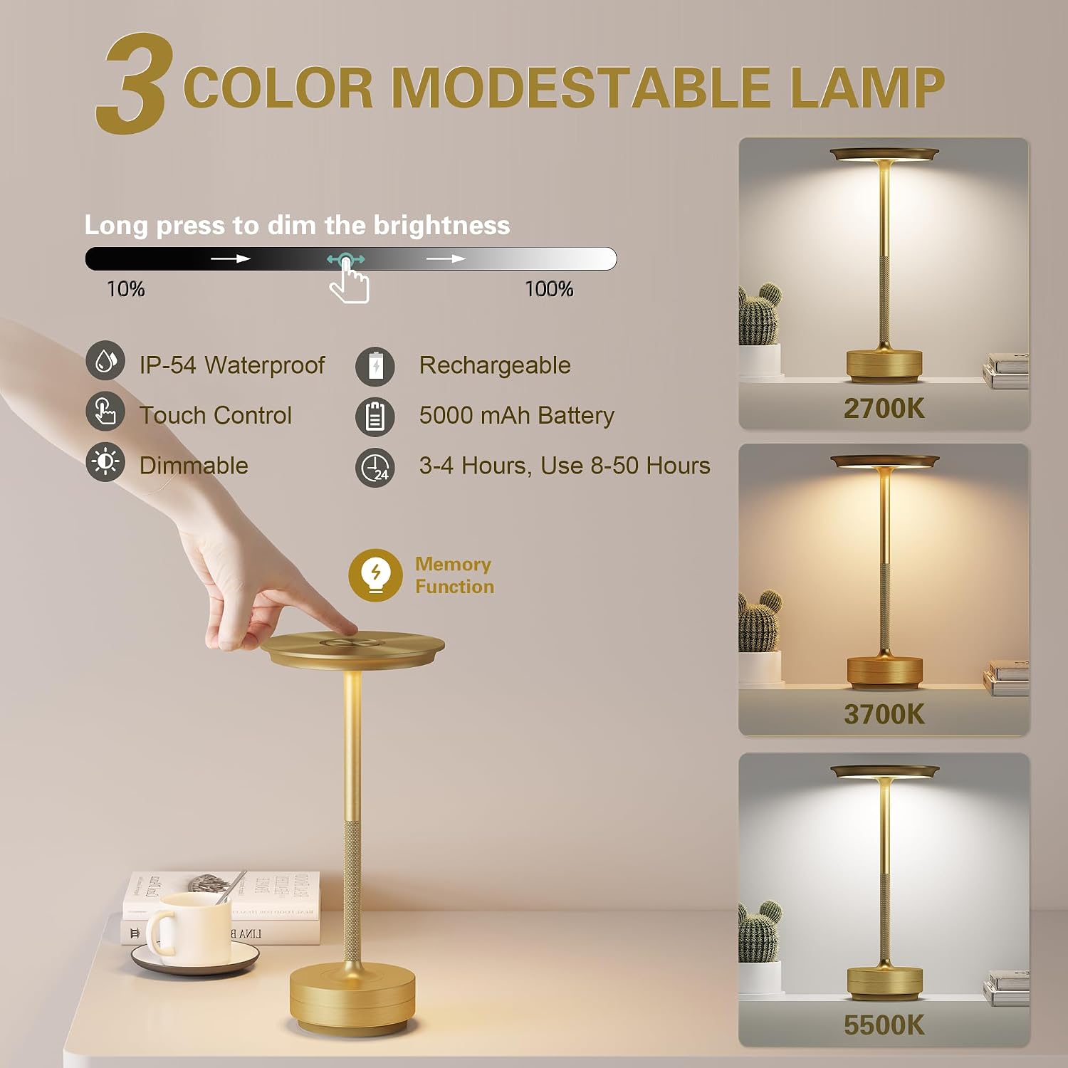 Cordless Rechargeable Table Lamp,LED Portable Battery Table Lights | 5000mAh Outdoor IP54 Waterproof Battery Operated