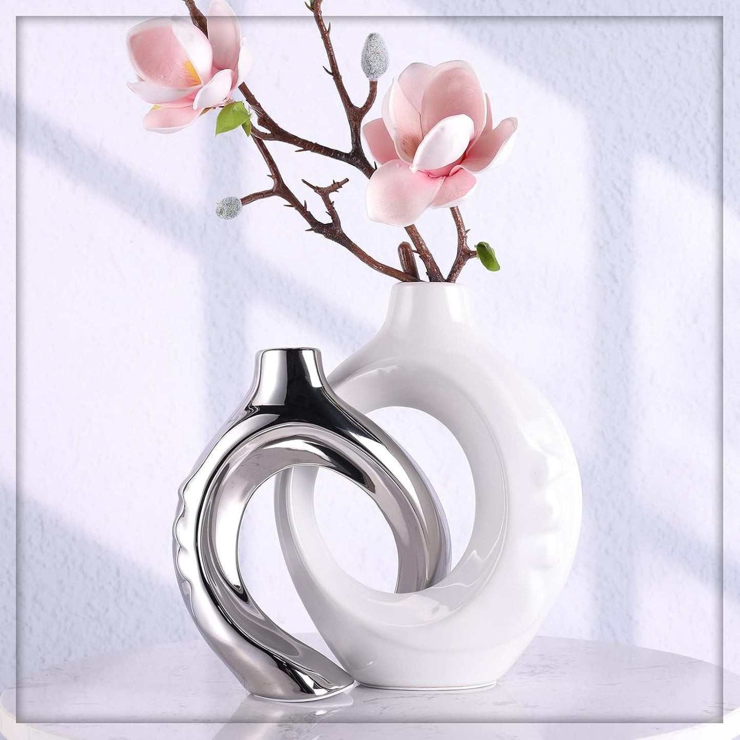 White Ceramic Vase / White Silver / Set of 2
