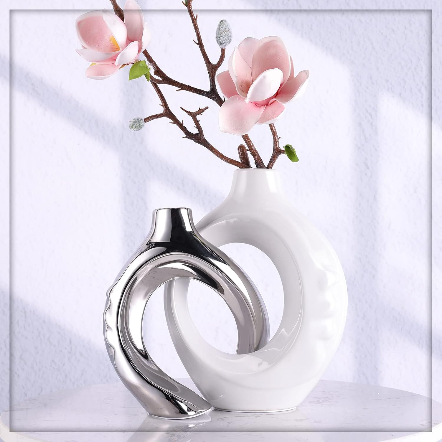 White Ceramic Vase / White Silver / Set of 2