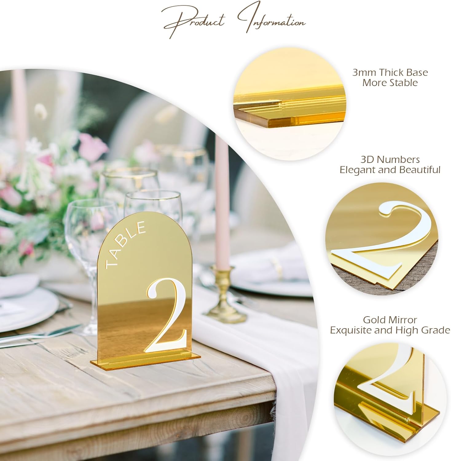 Gold Mirror Arch Wedding Table Numbers 1-15 with Stands | 15 Pack 5x7 Inch Gold Mirror Acrylic Arch Signs with Raised