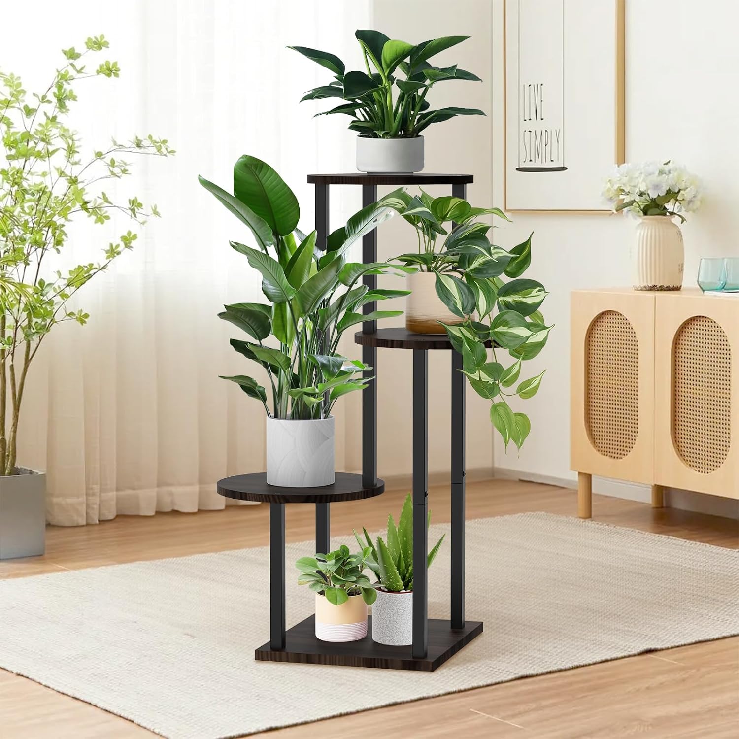 4 Tier Plant Stand Indoor, Metal Wooden Tall Plant Shelf Flower Pot Stand for Multiple Plants, Corner Flower Holder