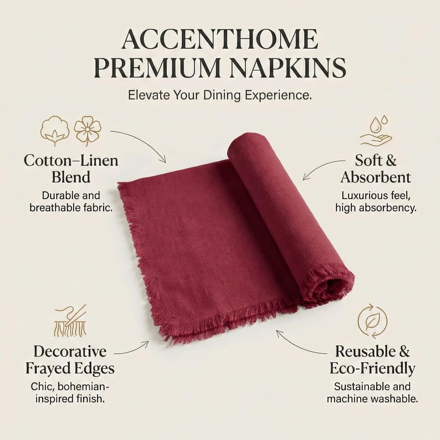 ACCENTHOME Burgundy Cotton Linen Napkin Set of 12 18x18 inch Dinner | Cotton Linen Blend Napkins, Machine Wash On