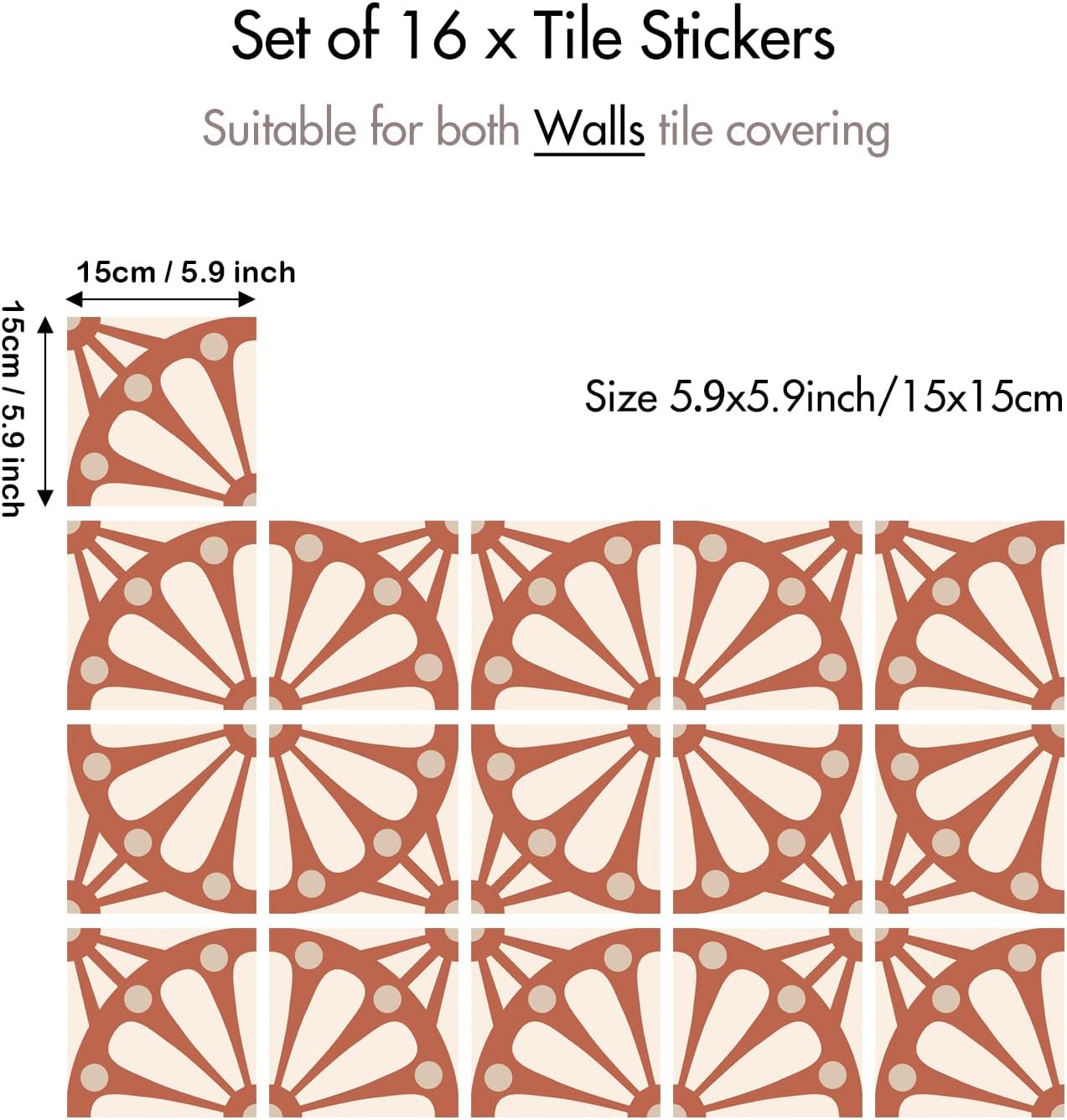 Boho Terracotta Sunburst Tile Stickers Peel and Stick Waterproof Vinyl / Red / 5.9 x 5.9 / Set of 16