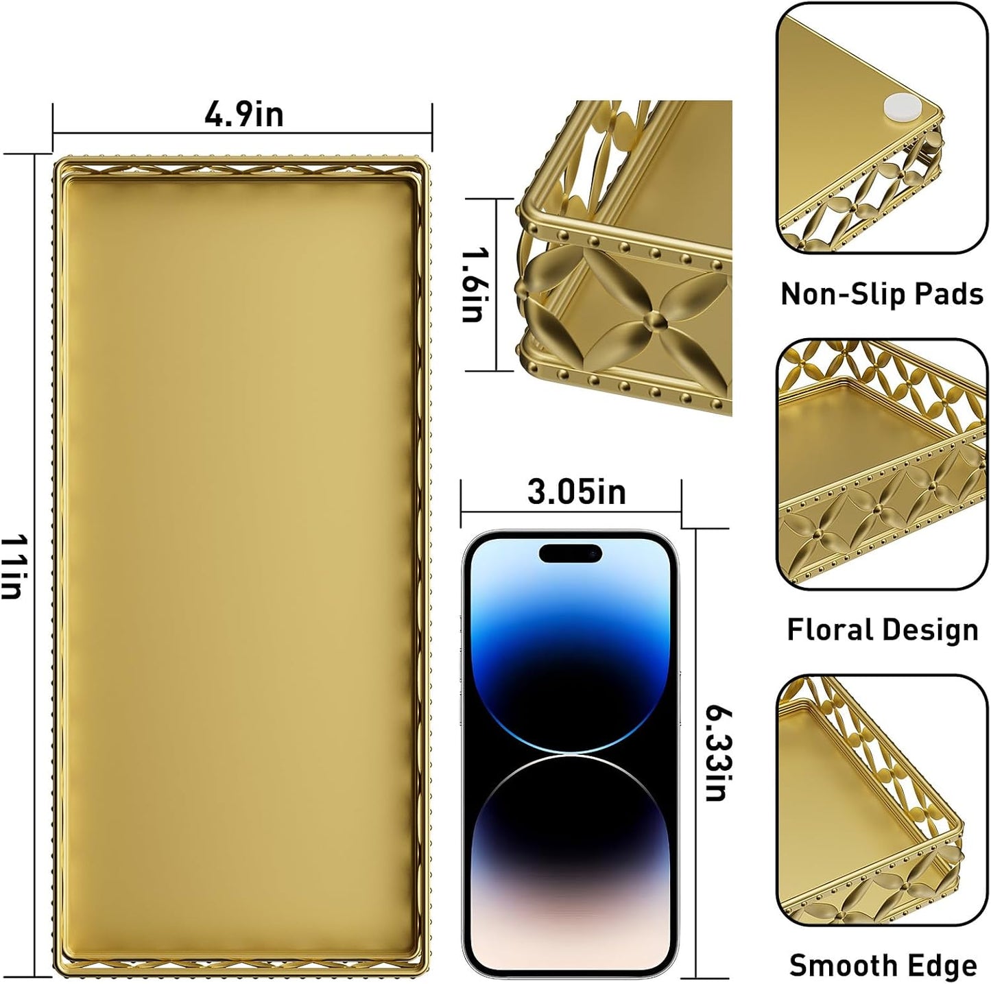 Bathroom Vanity Tray for Counter Organizer / Rectangle Floral-gold / 11 Inch