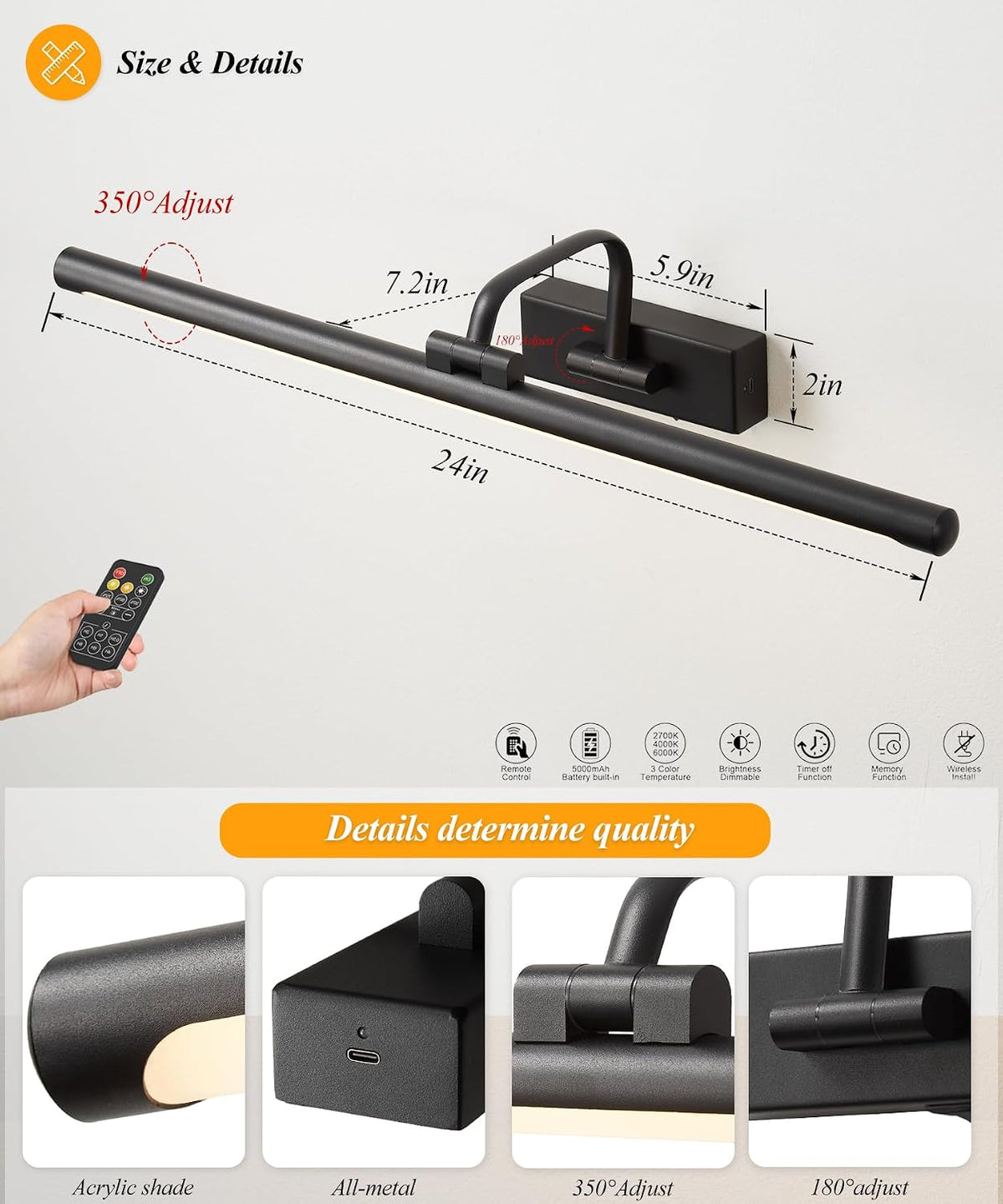 24" Battery Operated Picture Light for Wall,Remote Control | 5000mAh Wireless Dimmable Black Rechargeable Wall Art