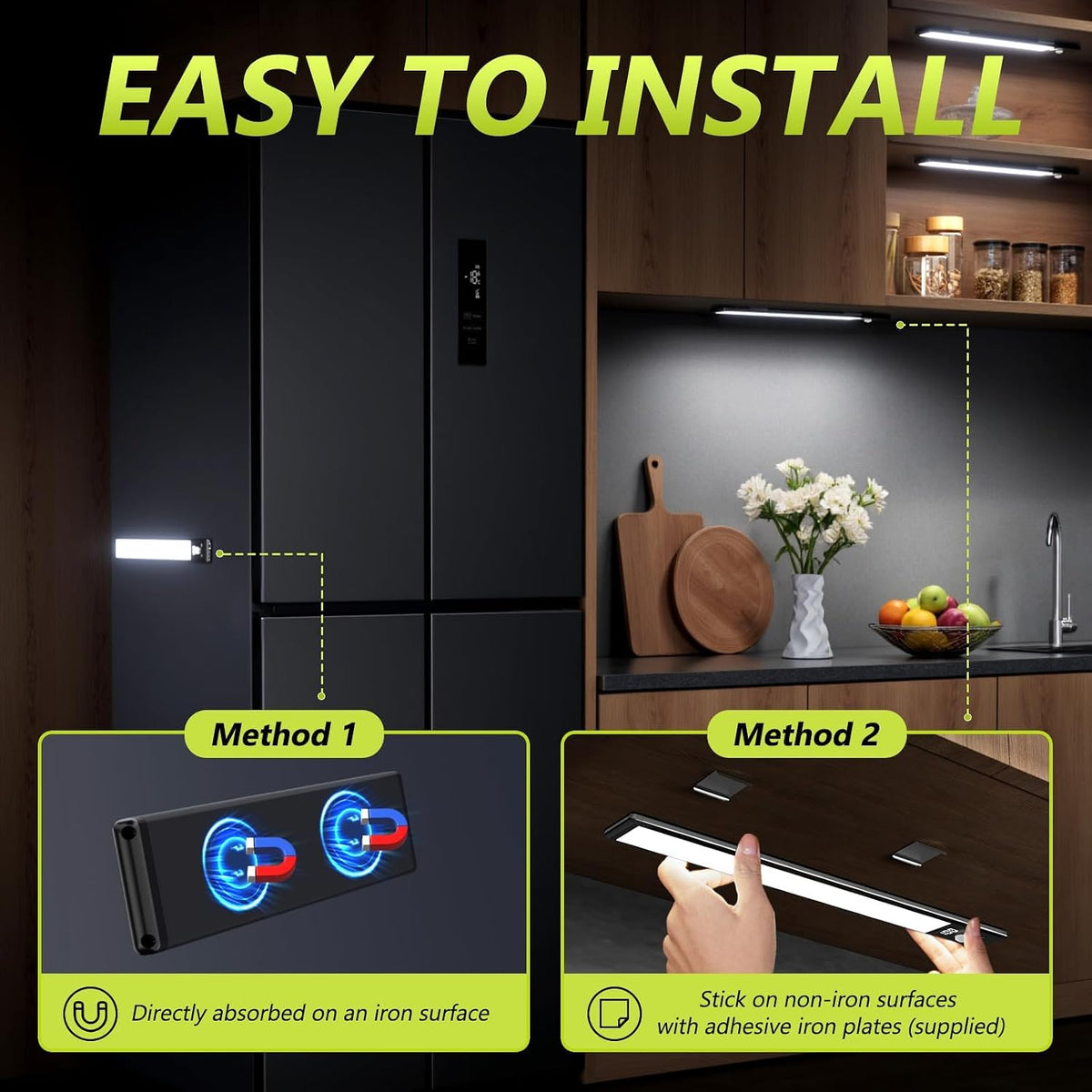 Mpotmiy 4-Pack 12" Wireless Under Cabinet Lights with Digital Display | Rechargeable motion sensor lights with 2200mAh