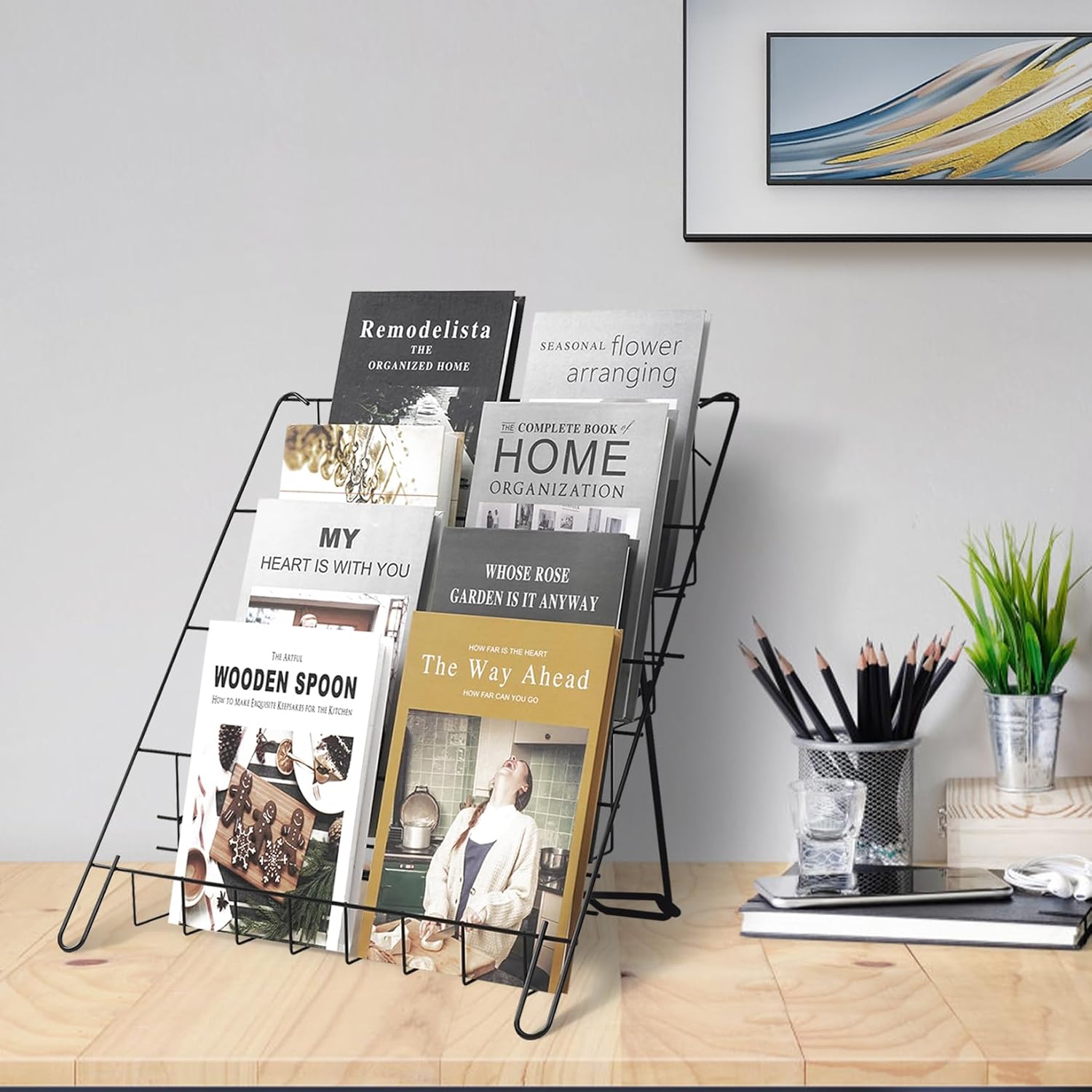 Wire Magazine Rack with 4 Open Tiers Book Signing Rack Tabletop Display Stand Holds Both Magazines and Brochures