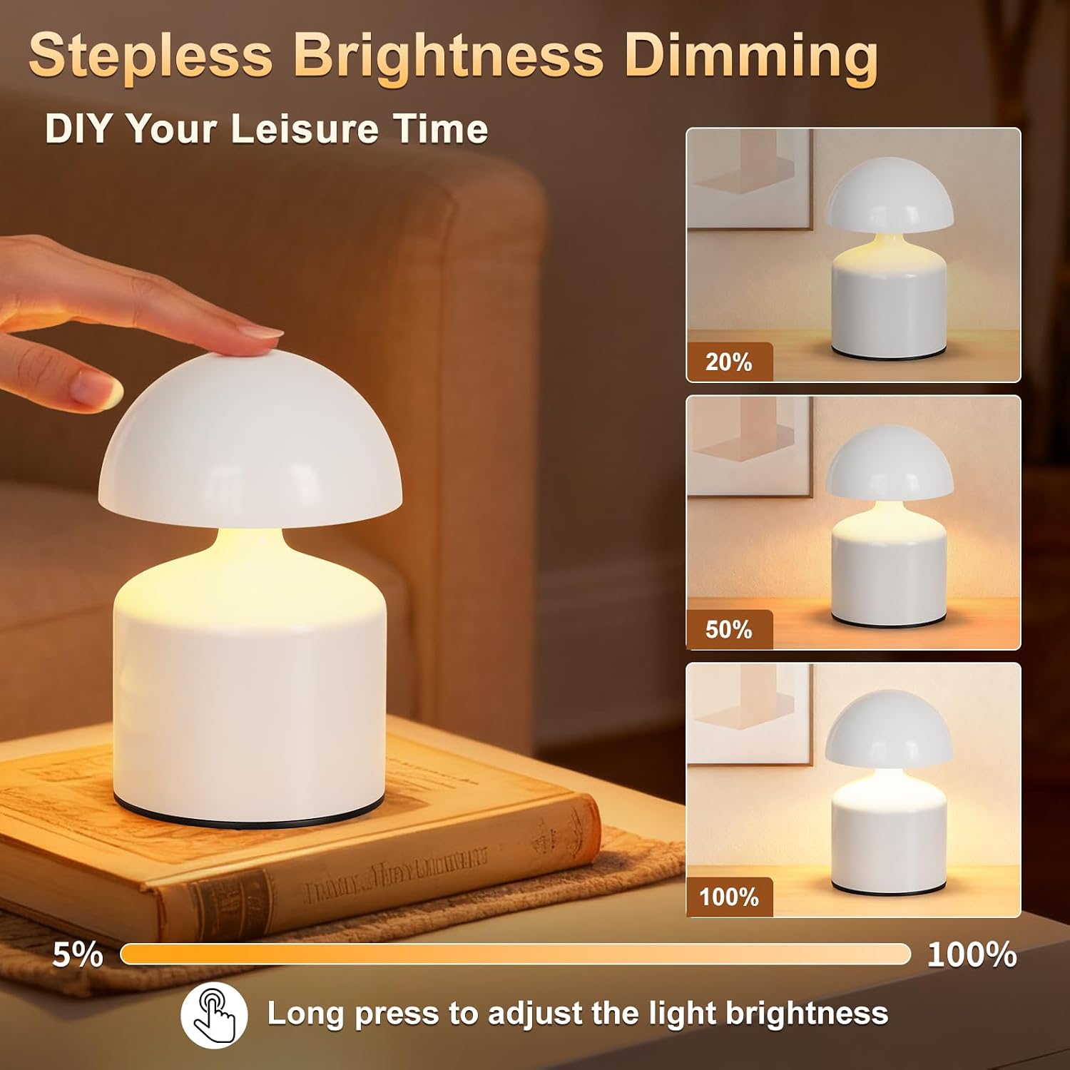 SAIWEYA Modern Cordless Mushroom Small Table Lamp, Dimmable Touch Battery | 3-Way Dimmable, Mini Rechargeable LED Desk