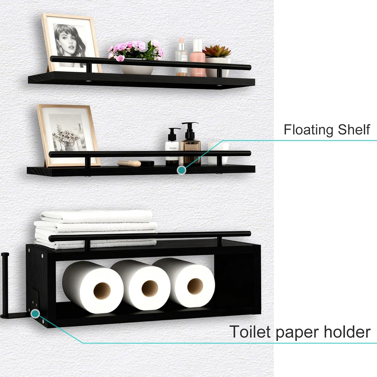 Wooden Floating Shelves with Paper Towel Holder for Bathroom Wall Storage | Bathroom Wall Shelf with Metal Rail, Wall