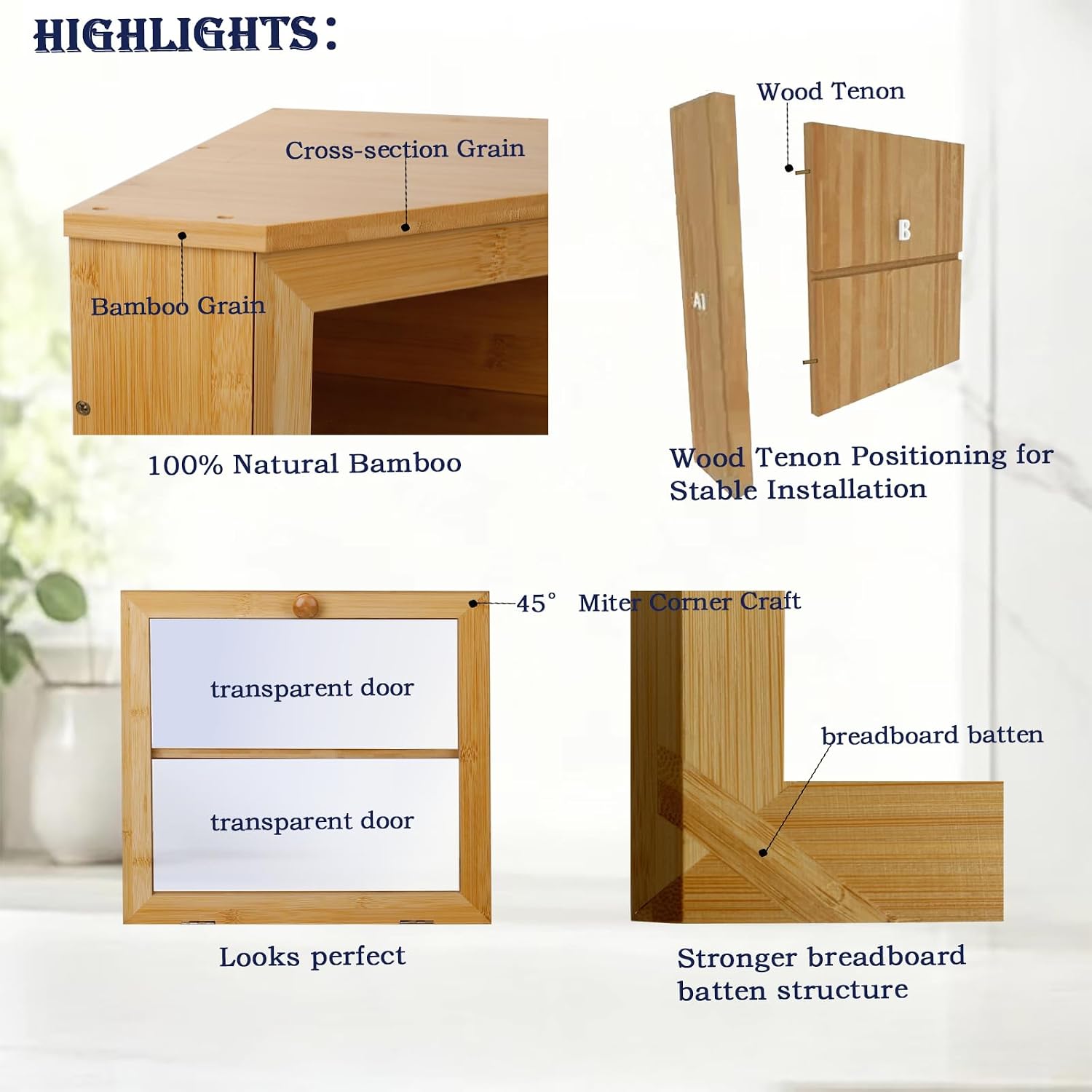 Kitchen corner bread box，Bamboo bread storage box，Sealed design with slight air circulation, keeps bread fresh