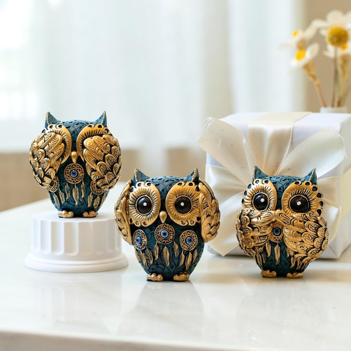 Decorative See No Evil Hear No Evil Speak No Evil Owl Figurines / Blue / Set of 3