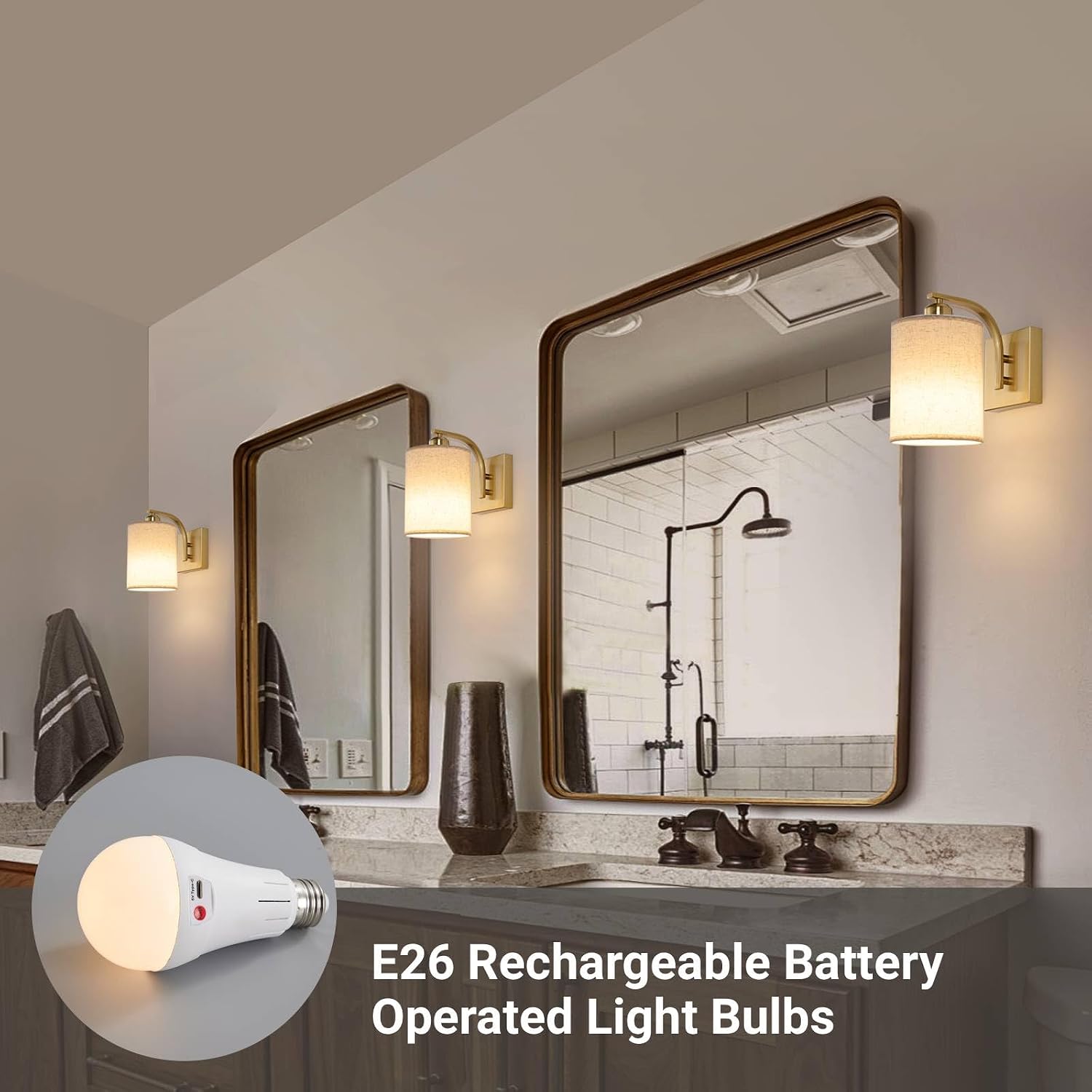 Powfloven Gold Rechargeable Wall Sconces Set of 2 with Remote, Wireless Battery Operated Dimmable LED Wall Lights
